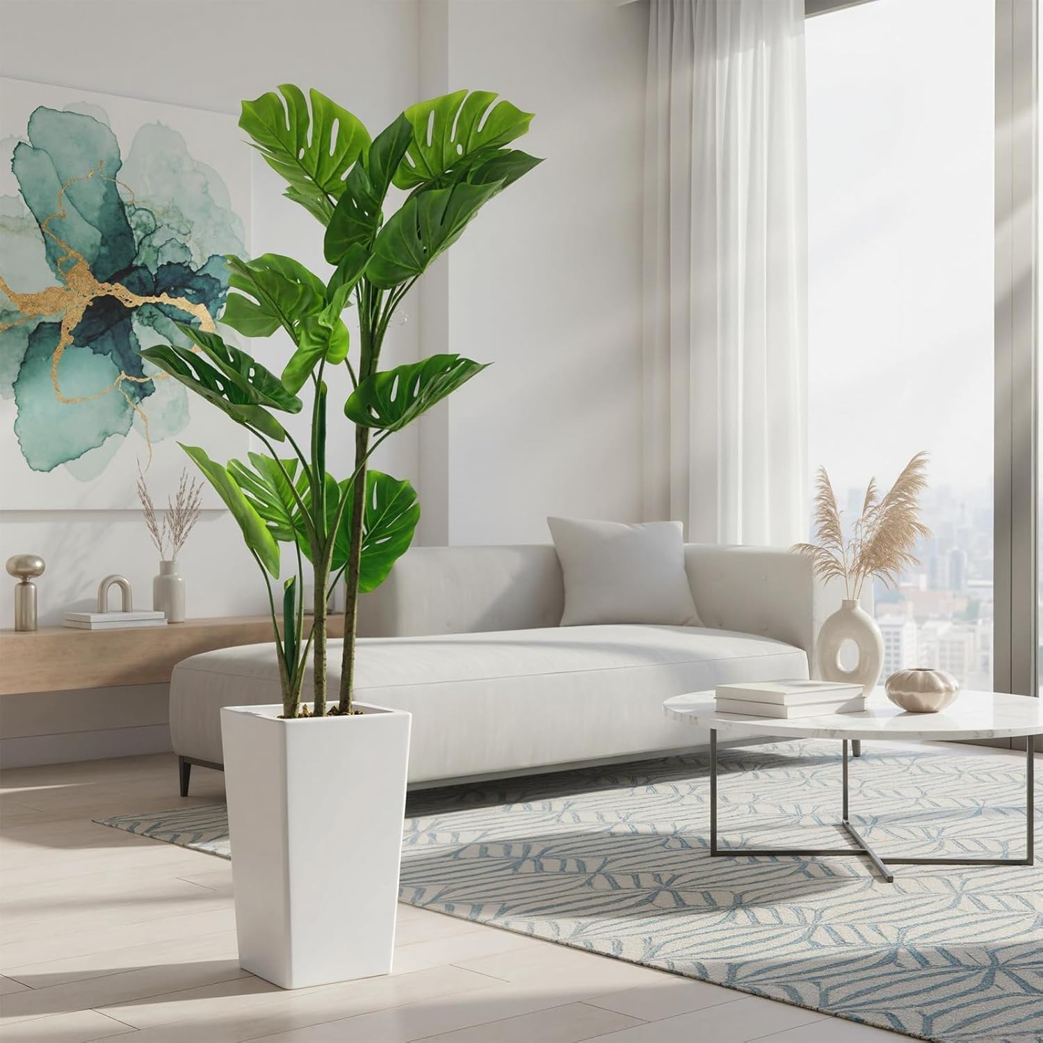 4.5FT Tall Faux Swiss Cheese Plant in White Pot for Porch or Office Decoration