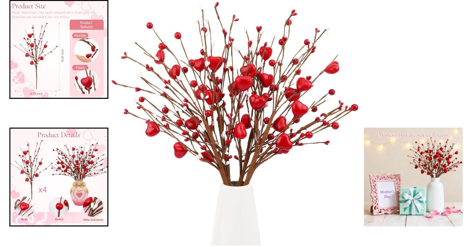 Valentine’s Day Heart Shaped Decorations – 4 Pcs for Candles and Bouquets