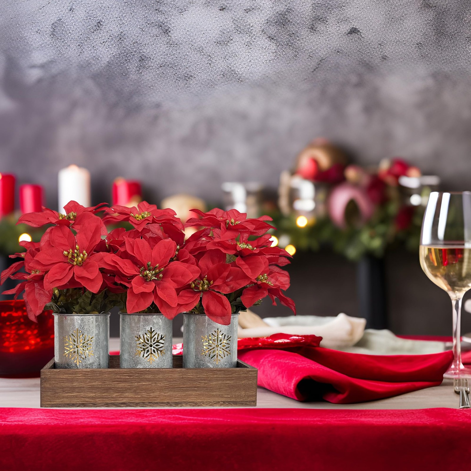 3 PCS Artificial Poinsettia Flower Arrangement Galvanized Pot Wood Tray Lights