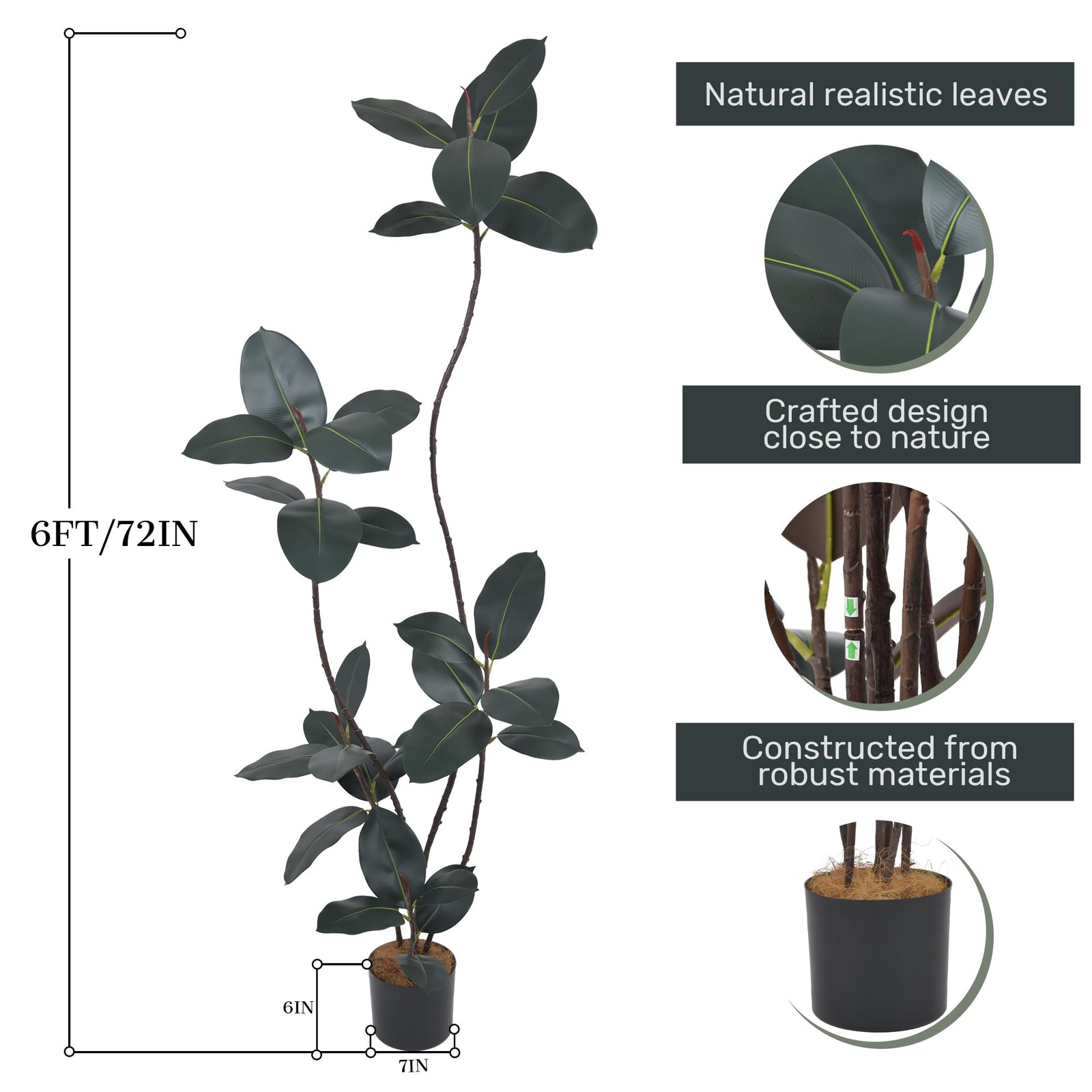 6FT Artificial Black Rubber Tree with Lifelike Leaves, 72in Faux Tropical Fic…