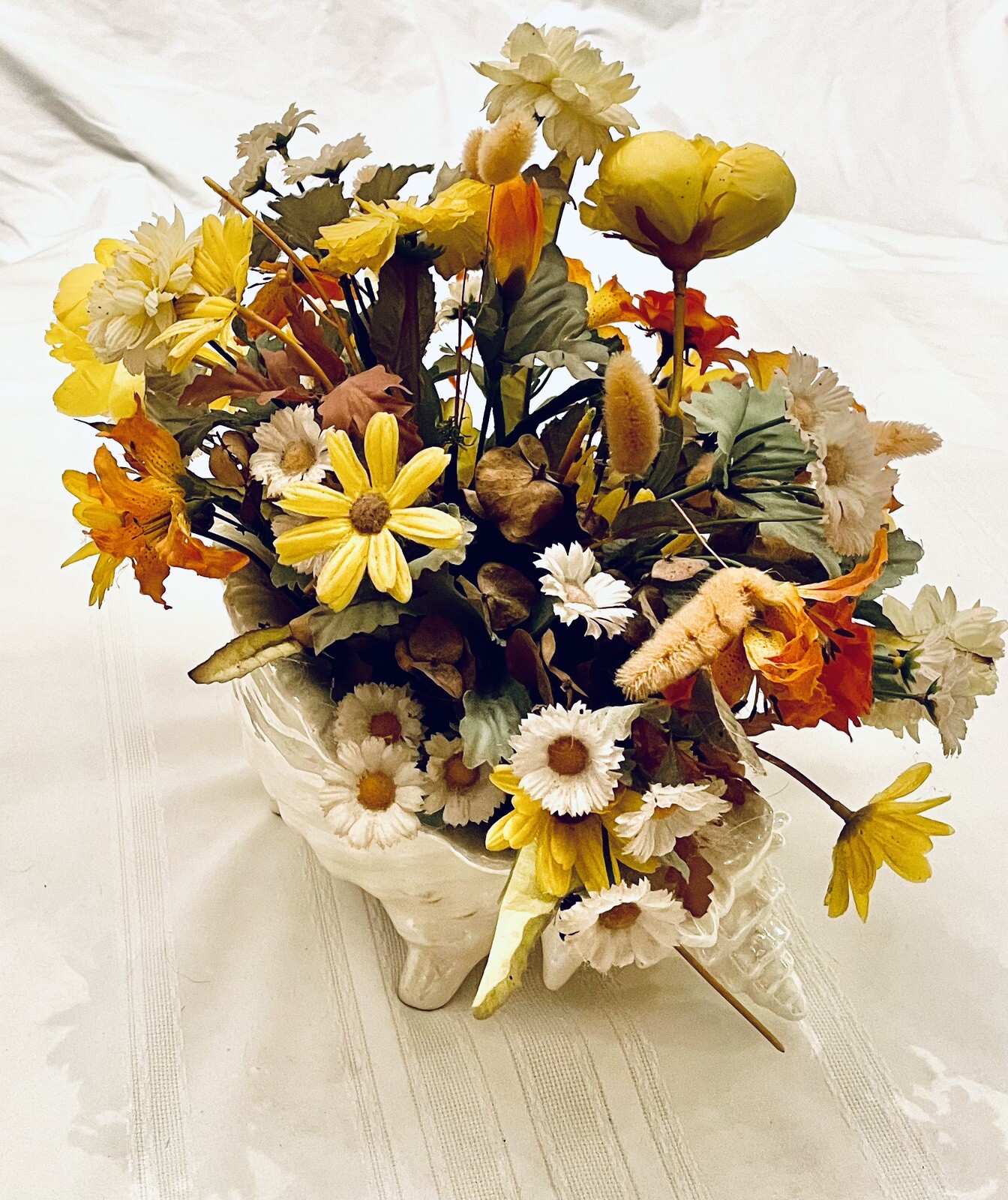 Floral Decor Multiple Silk Flowers In Ceramic Conch Sea Shell Planter 13” H