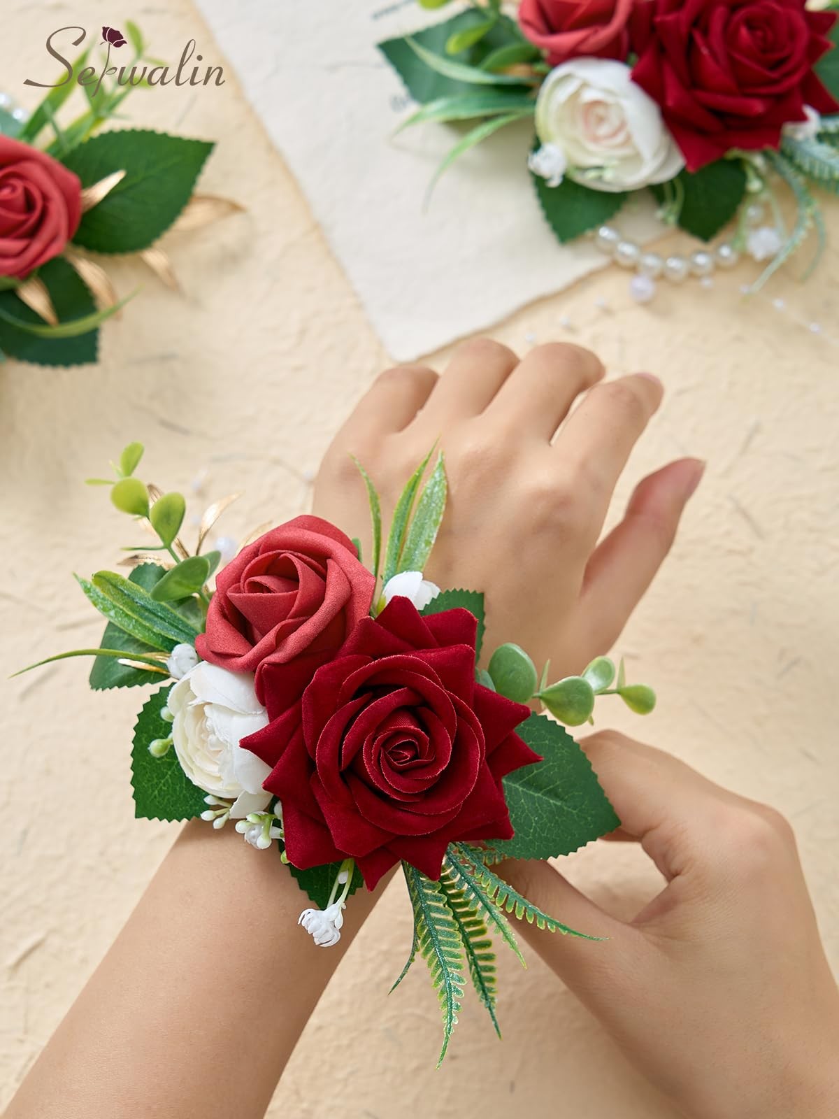 6 PCS Burgundy Wrist Corsage Wedding Roses Prom Homecoming Party Bride Decor