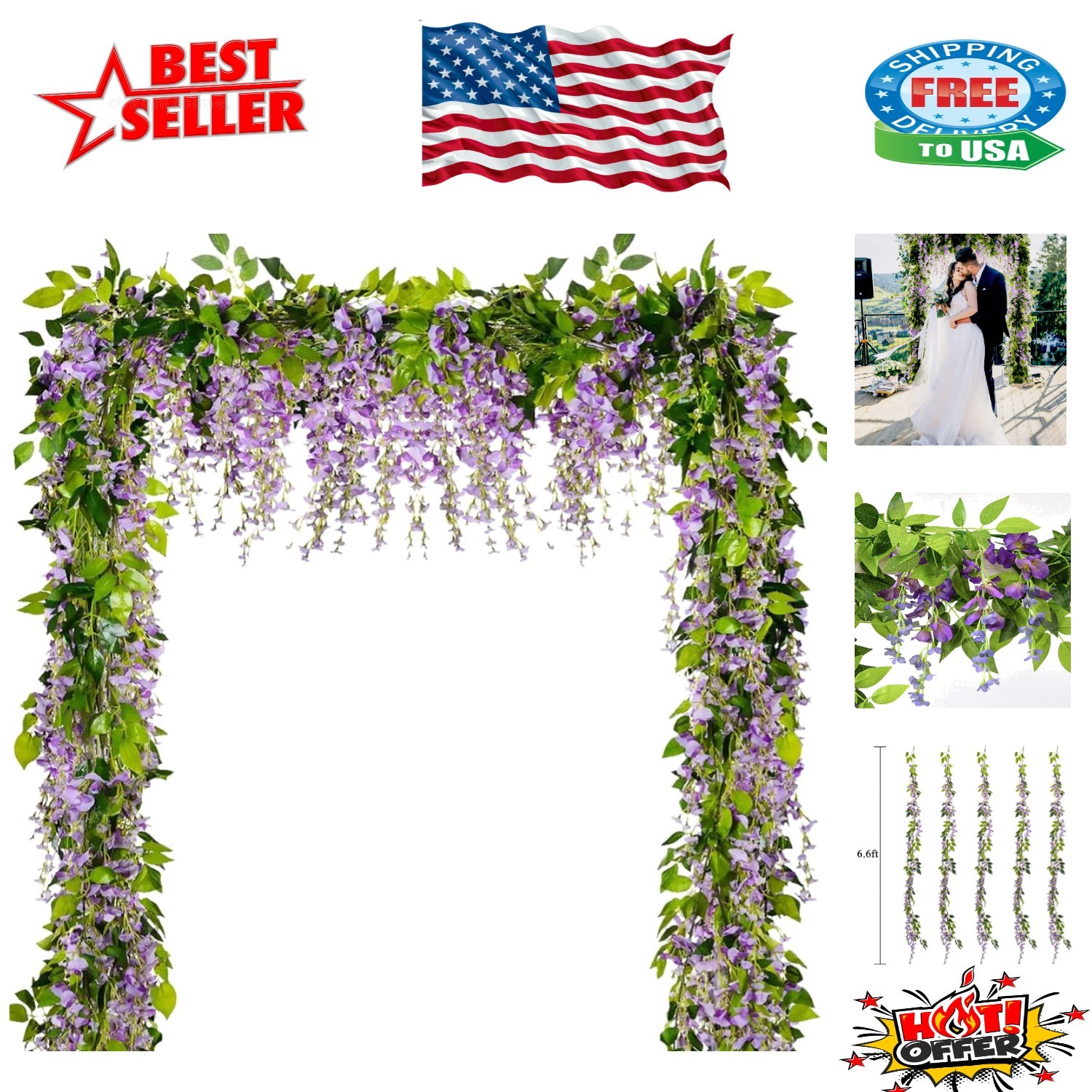 Realistic 33ft Wisteria Flower Garland – Perfect for Wedding Arches & Decor