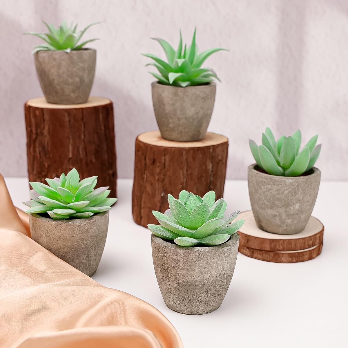 6pcs Assorted Faux Green Succulents Plastic Pots Shelf Windowsill Decor