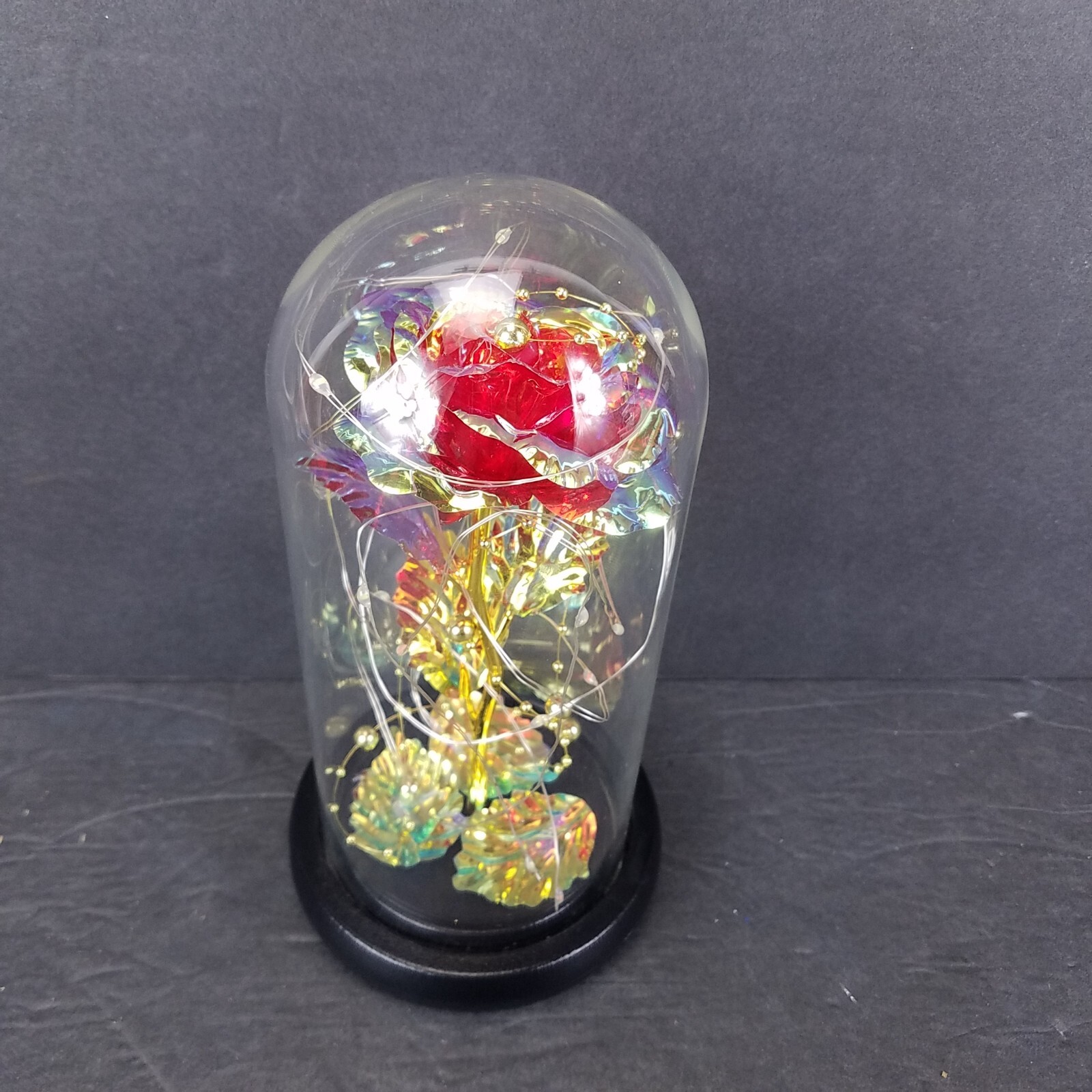 Faux Iridescent Rose Glass Display Dome Lighted RGB White Home Decor 8.5″ Tall