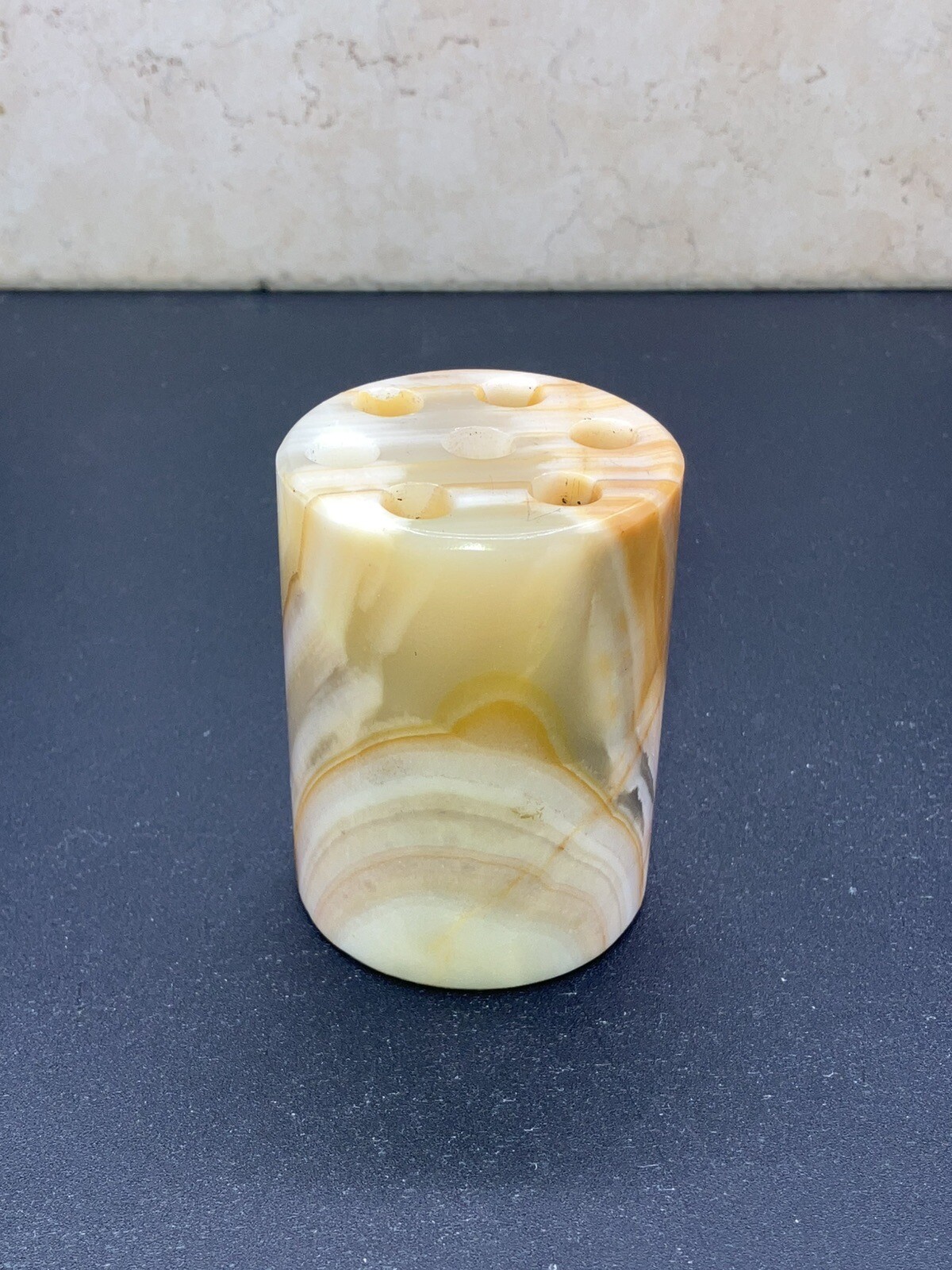 Vintage Variegated Earth Toned Onyx Marble 3.25″, 7 Hole Flower Frog Italy
