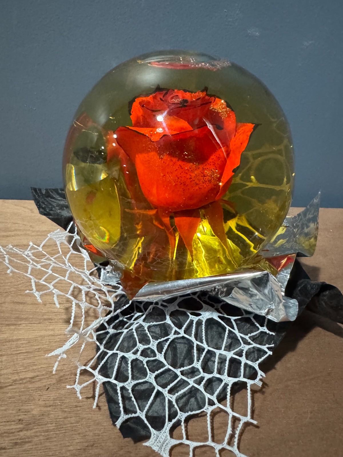 Forever Red Rose wBlack Edges In Glass Ball Water Dome Globe Large Real Rose