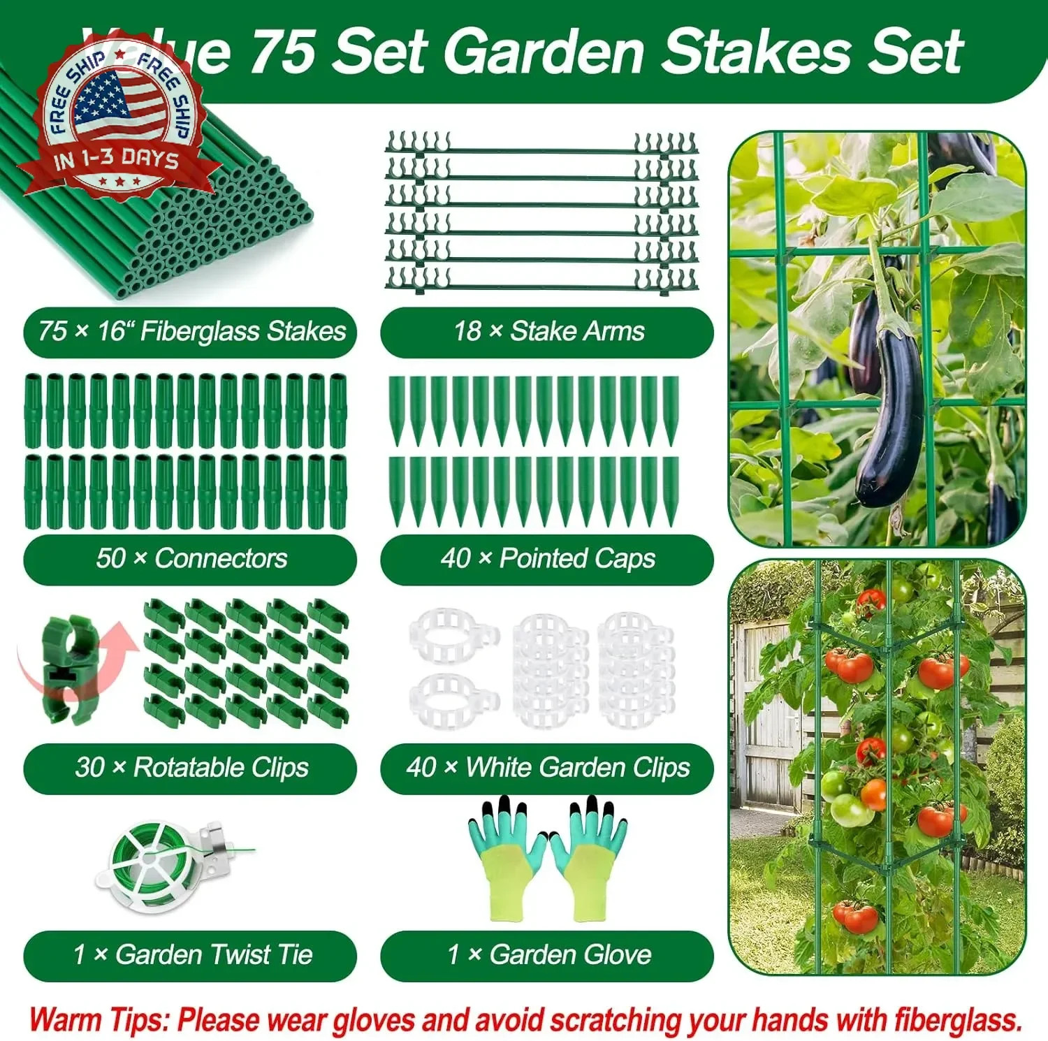 Qinzave 256PCS Garden Stakes Set with 75PCS 16 Inch Fiberglass Plant Sticks and