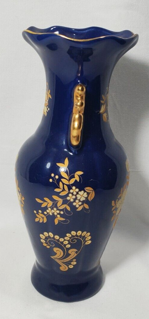Hand-painted Dark Blue With Gold Floral Porcelain Vase 8″H