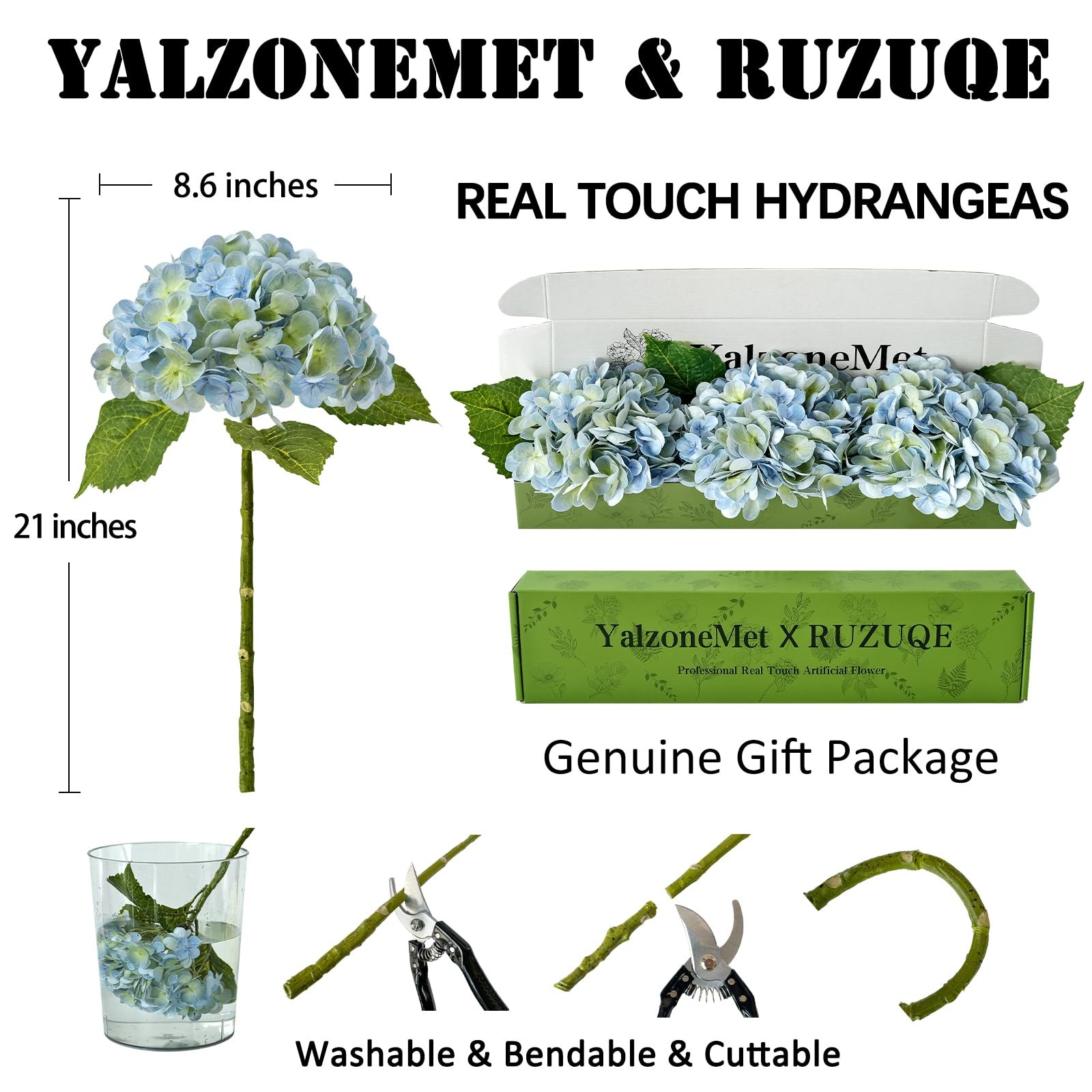 3 PCS Light Blue-Green Hydrangea Artificial Flowers 21” Real Touch Latex Hyd…