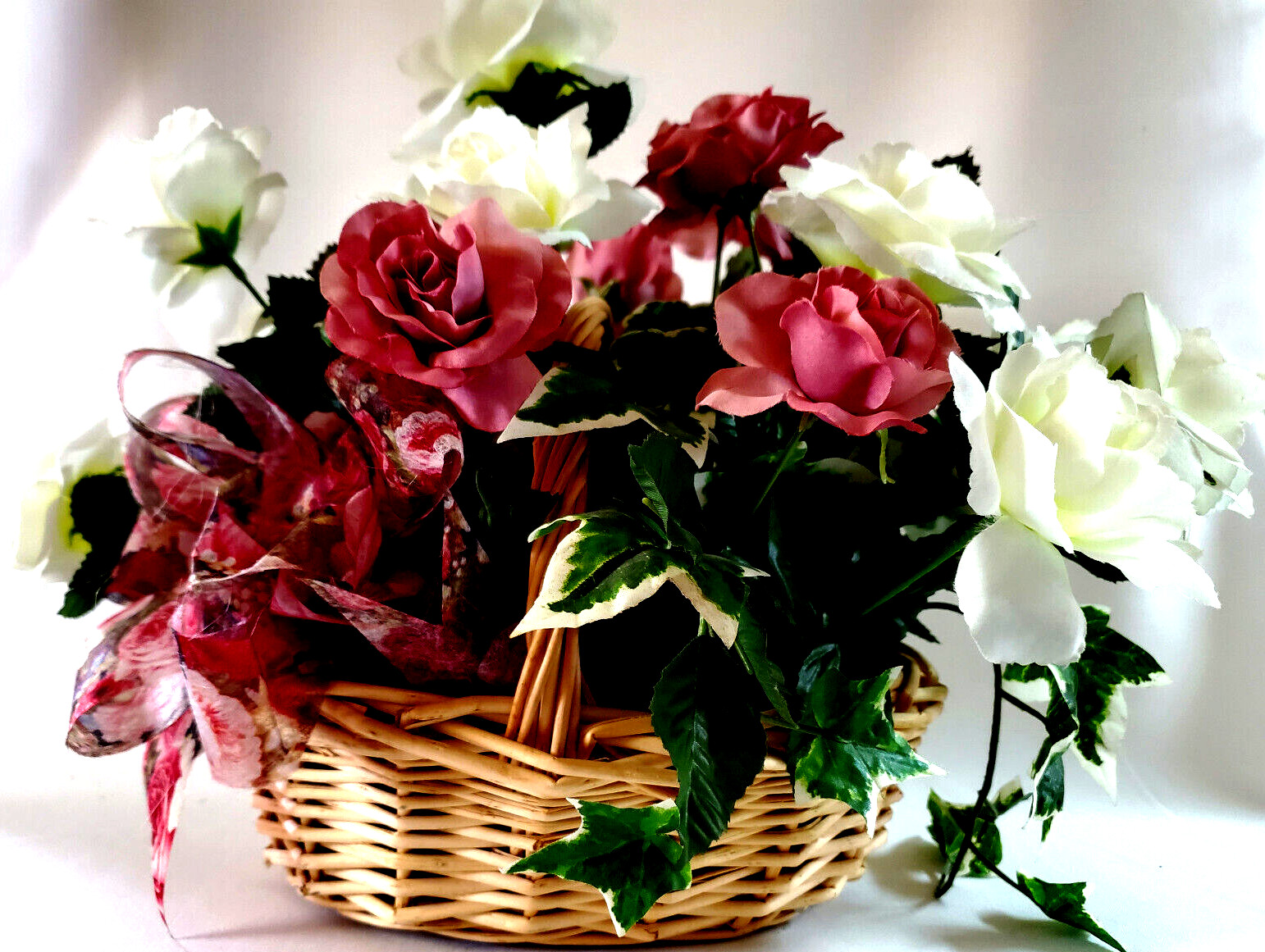 Fresh Spring Garden Pink & White Roses Silk Floral Arrangement in a Woven Basket