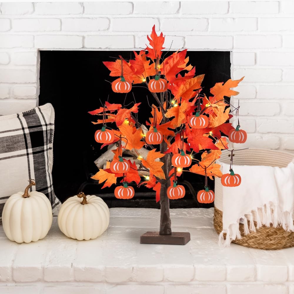 242 FT Lighted Maple Leaves Tree 24 LED 12 Wood Pumpkin Thanksgiving Decor
