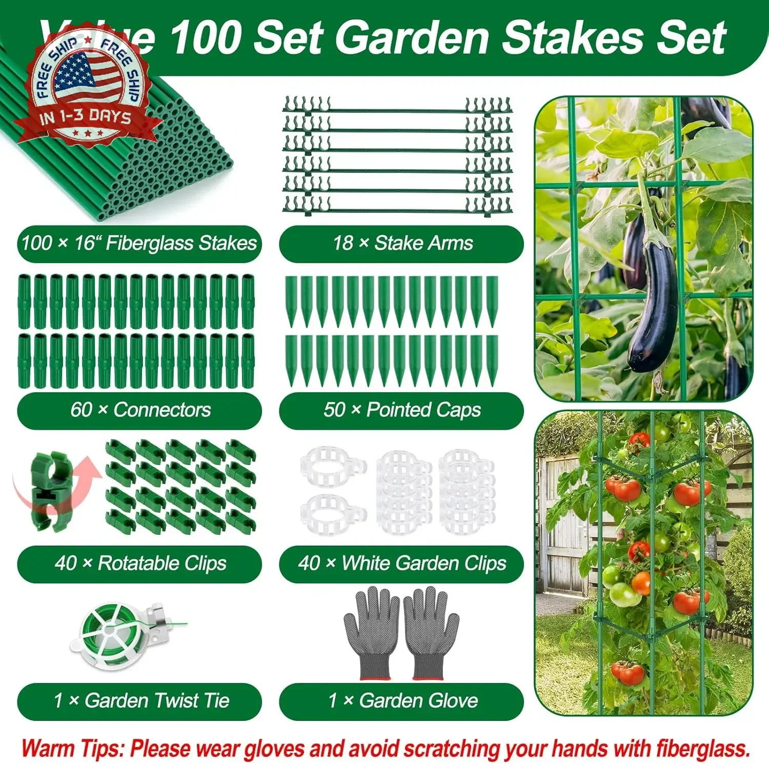 310PCS Garden Stakes Set with 100PCS 16 Inch Fiberglass Plant Sticks and Stake A