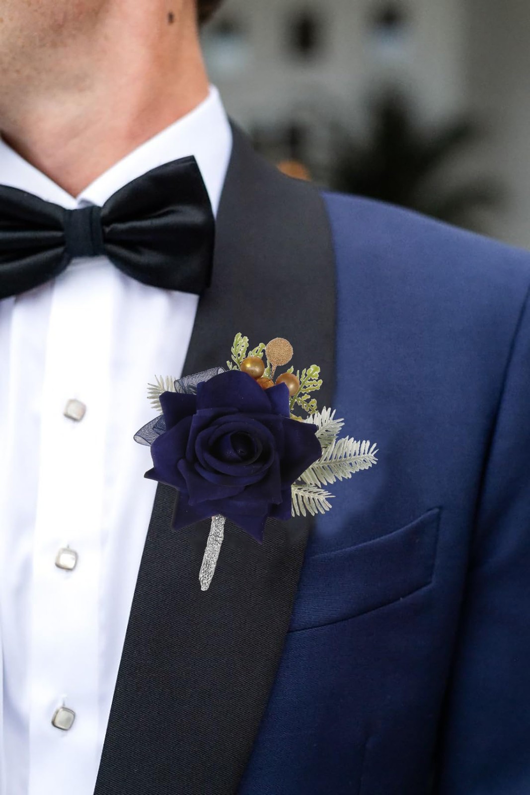 2 PCS Navy Blue Corsage And Boutonniere Set Artificial Rose Prom Wedding