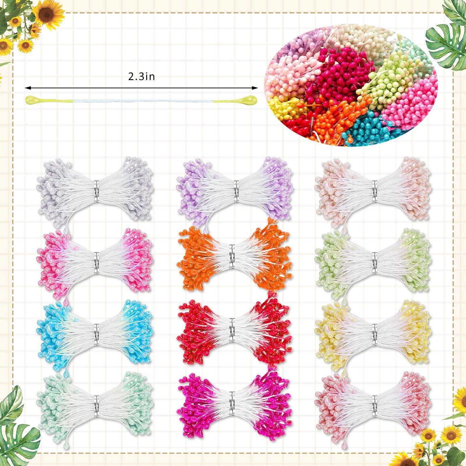 3600 Pcs Assorted 12 Color 3mm Pearl Flower Stamen Double Heads Flower Stamen…
