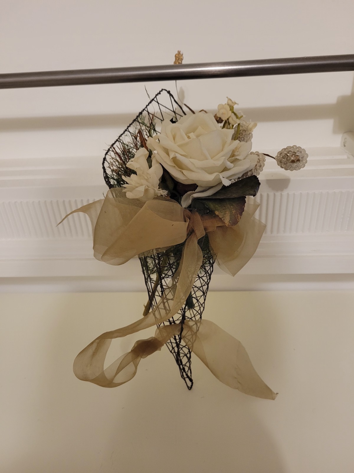 Artificial Ivory Rose Wall Decor Arrangement, Black Mesh, Beige Ribbon, Green