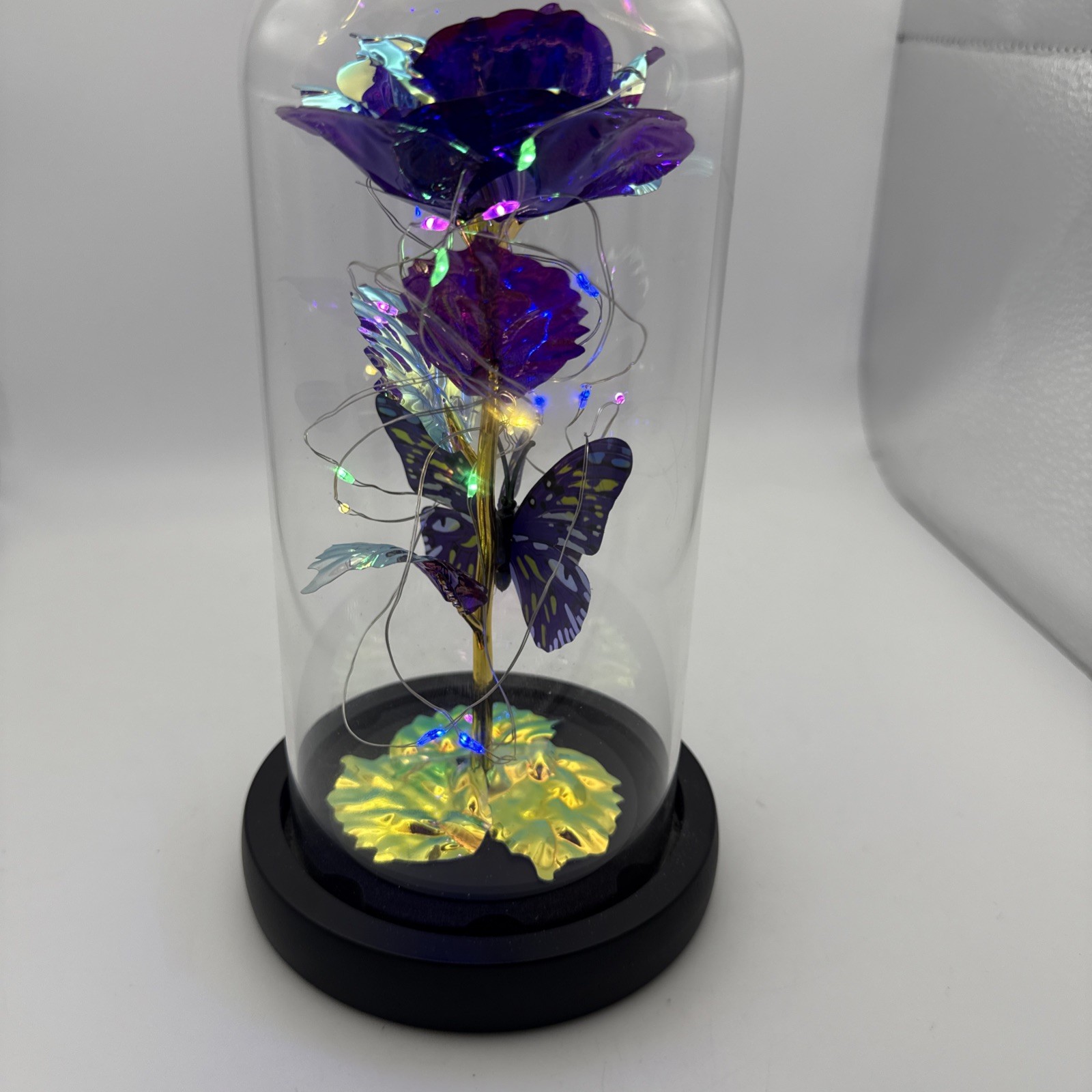 Purple Rose Flower & Butterfly in Glass Dome Cloche LED Lighted Floral Display