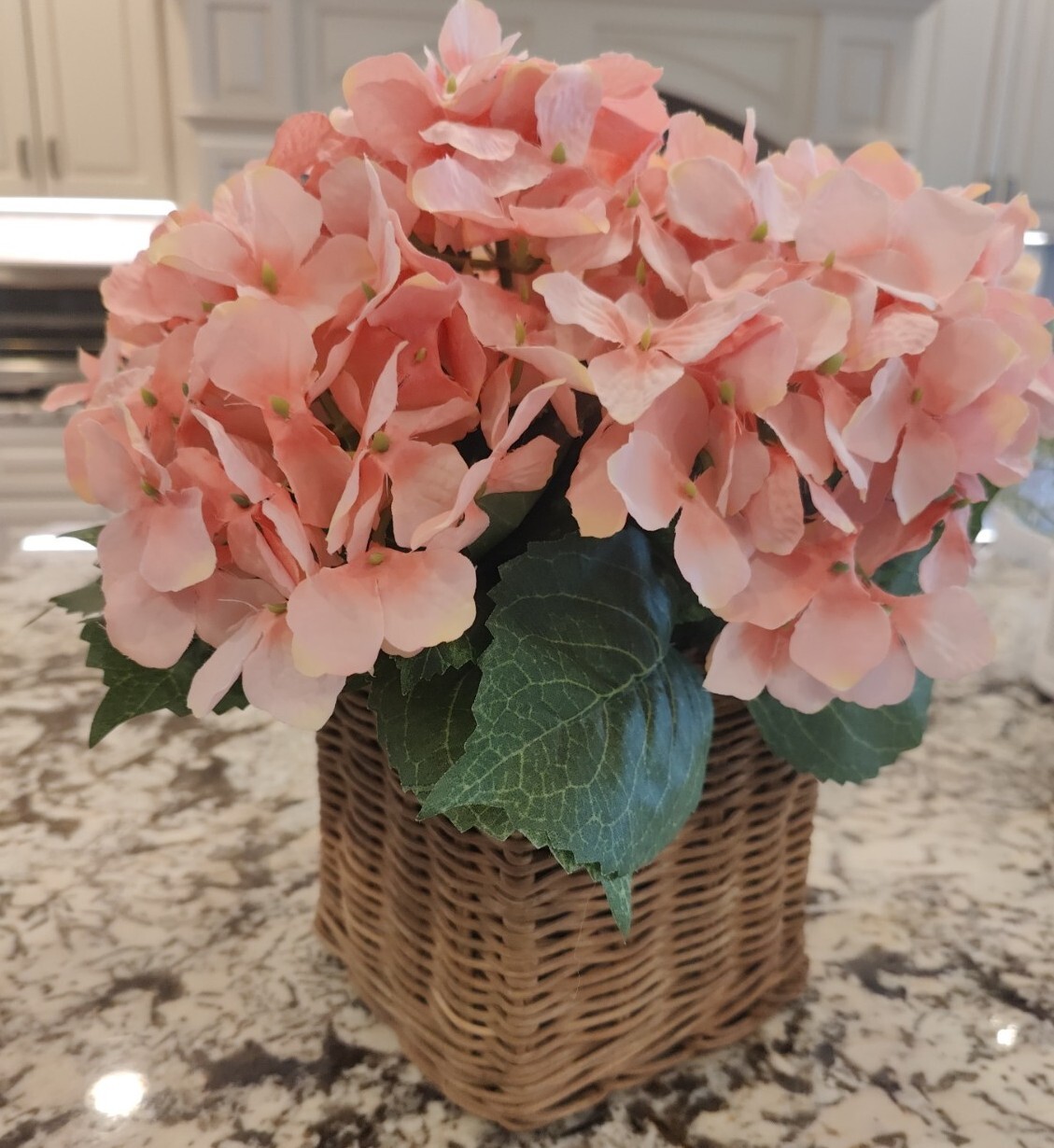 Valerie Parr Hill Faux Hydrangea Arrangement In Basket Peach Pink Floral Spring