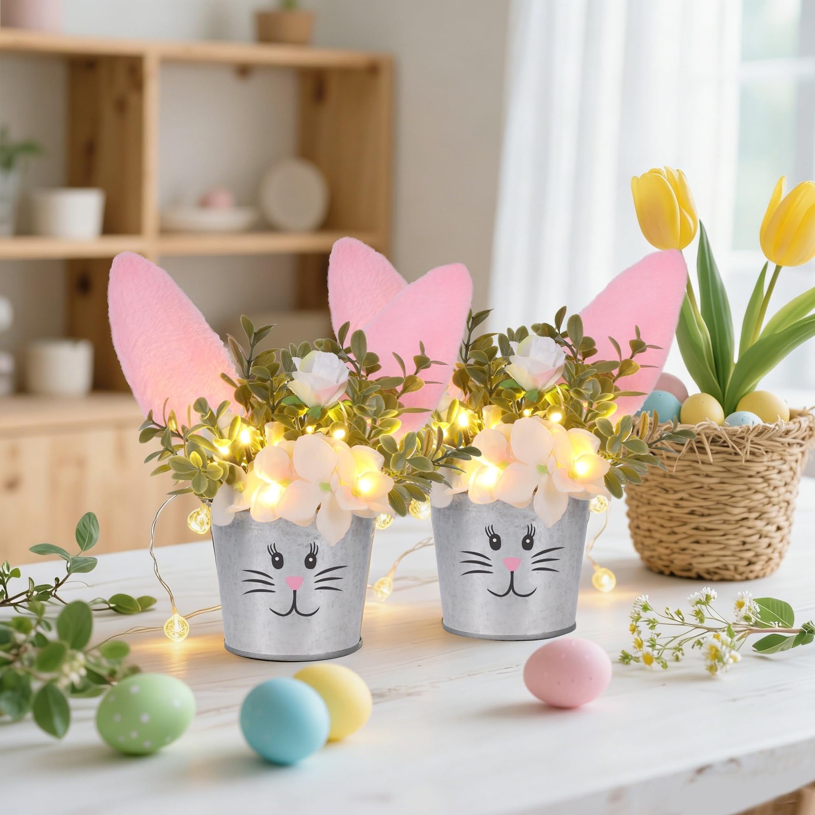 2 PCS Easter Table Decorations Artificial Flower With Bunny Ear Lighted