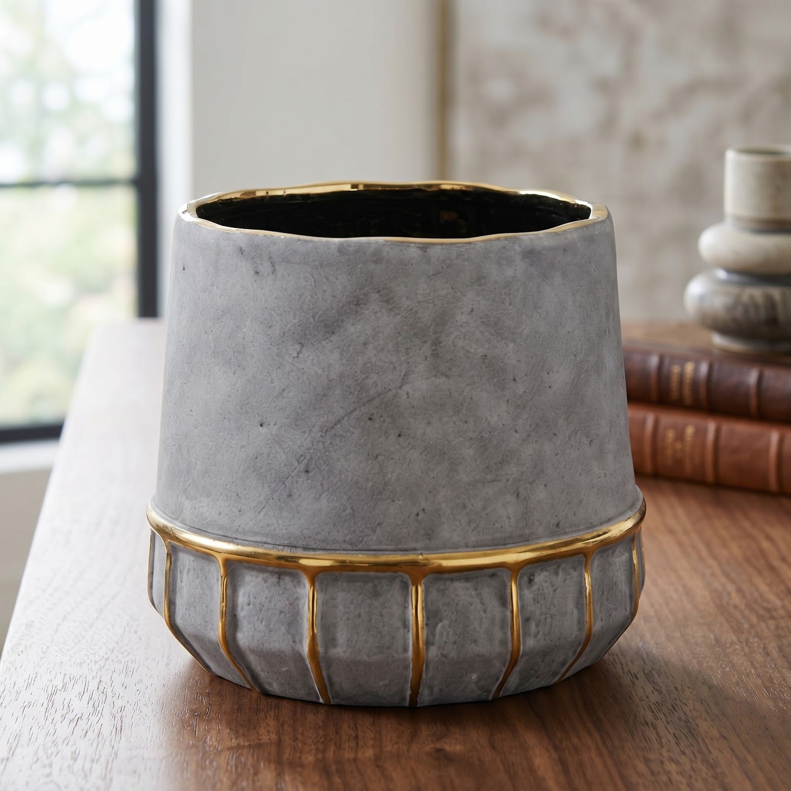 8.5″ Regal Stone Decorative Planter with Gold Accents