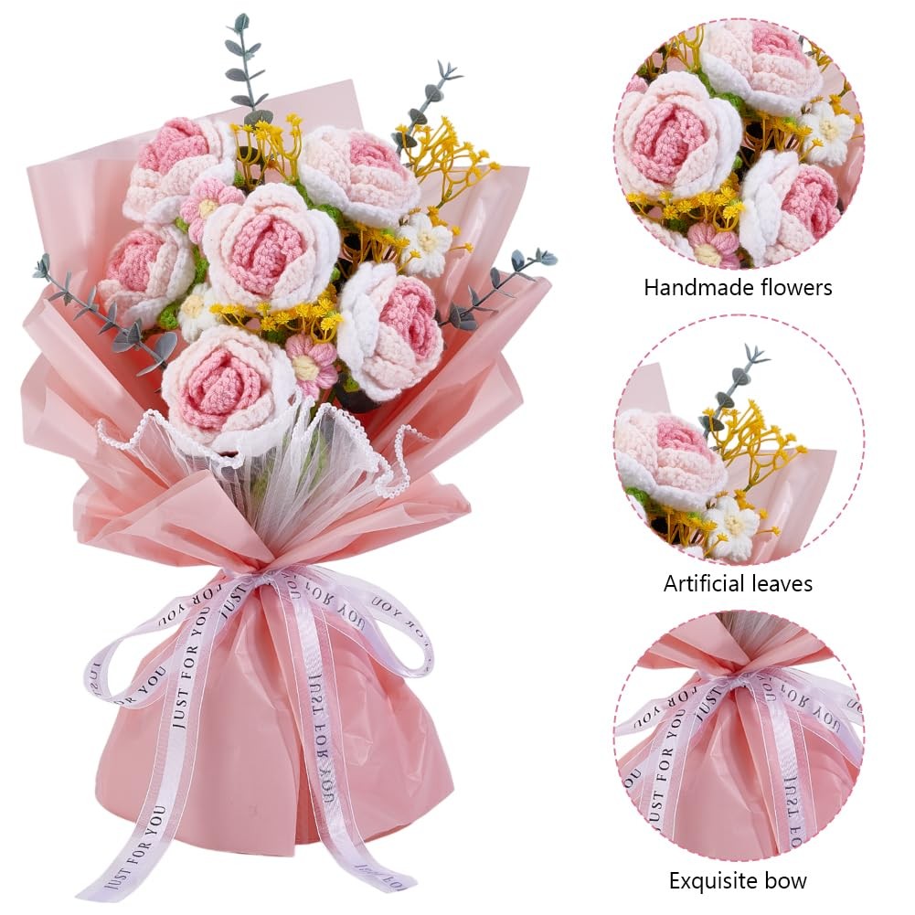INFUNLY Crochet Flower Bouquet Pink Gradient Rose Crochet Flowers Handmade Knitt