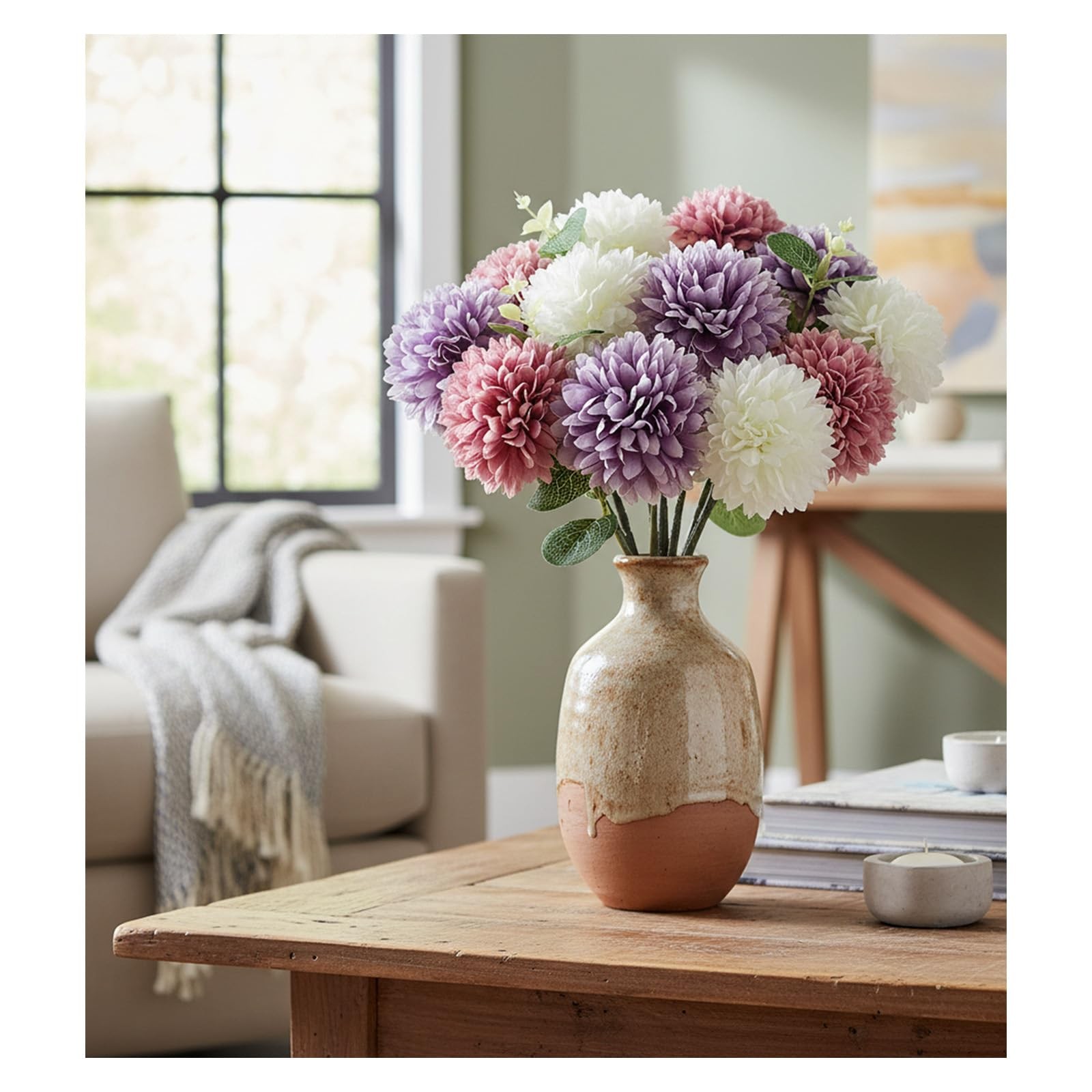 Artificial Silk Mums Chrysanthemum Flowers with Faux Eucalyptus Stems Decor