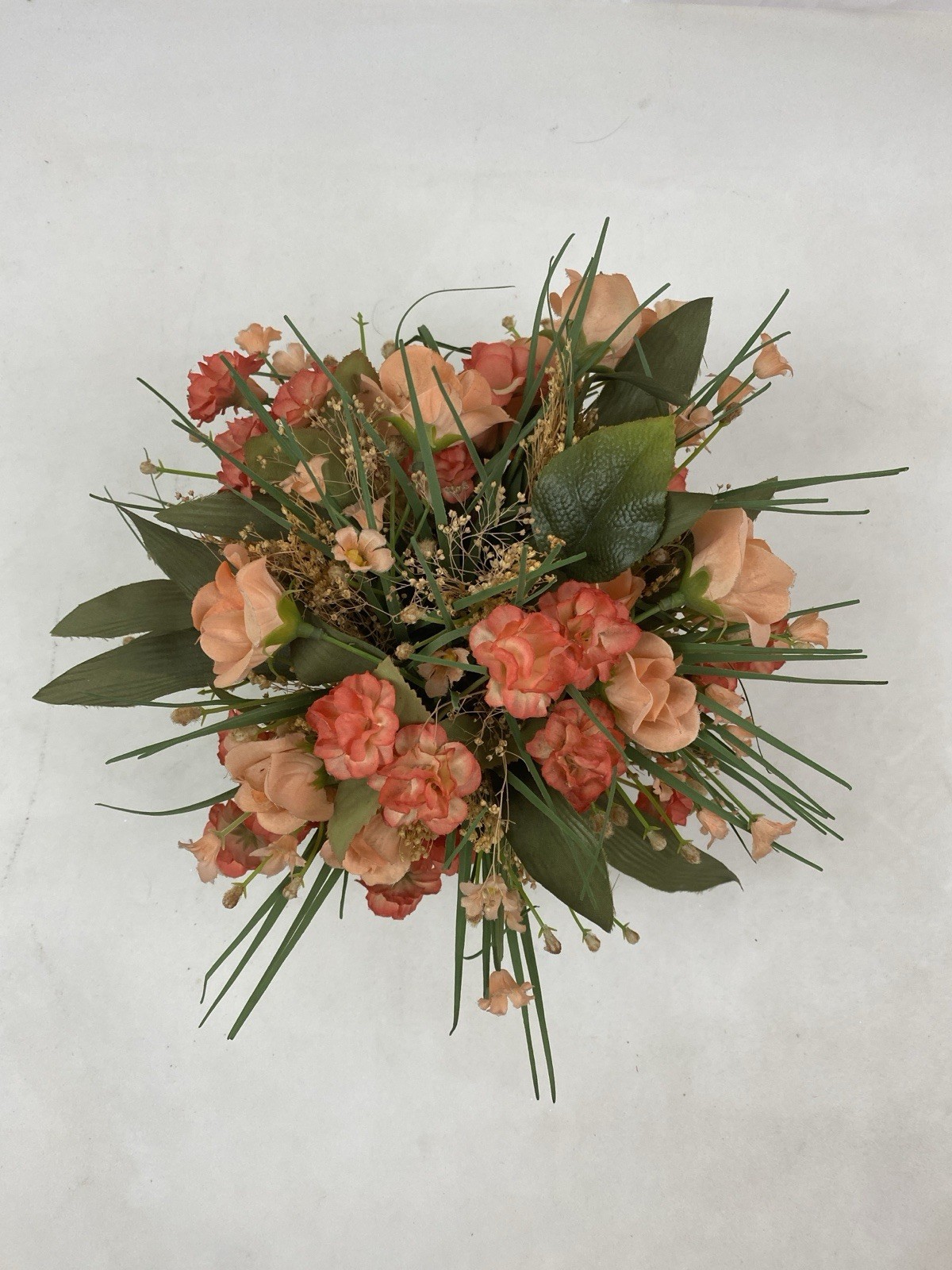 Silk Floral Arrangement Antiqued Small Brass Basket With Faux Flowers