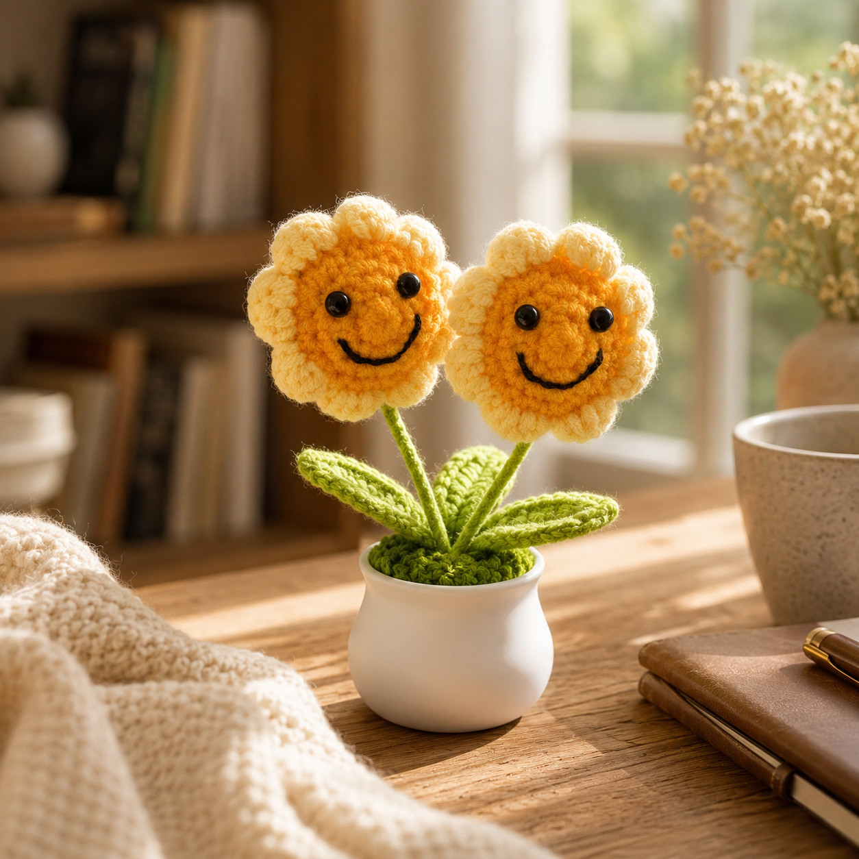 Twin Smiling Sunflower Crochet Mini Potted Desk Shelf Decor