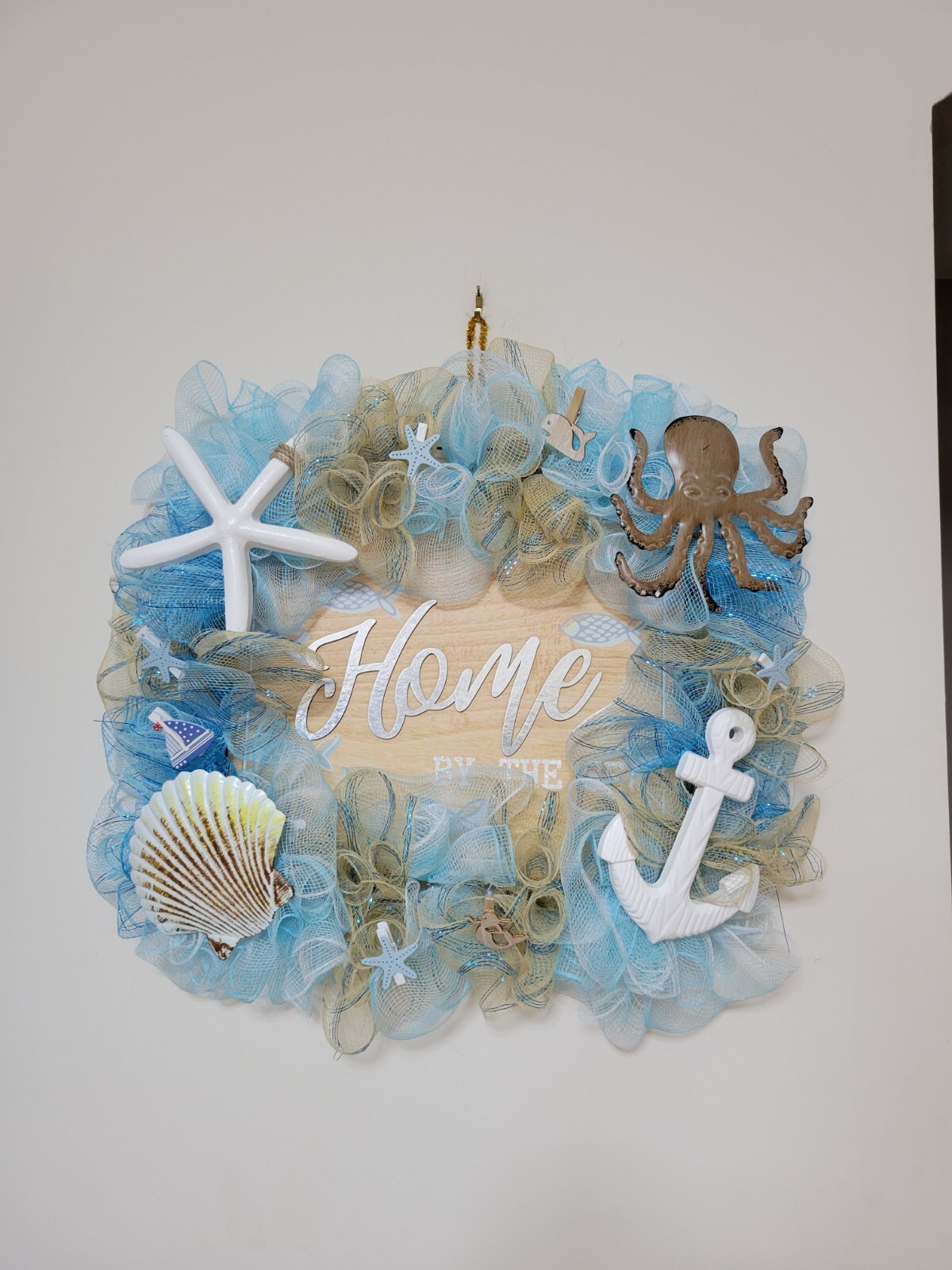 HOME by The Sea Coastal Spring Summer Mesh Front Door Wreath Wall Decor Beach