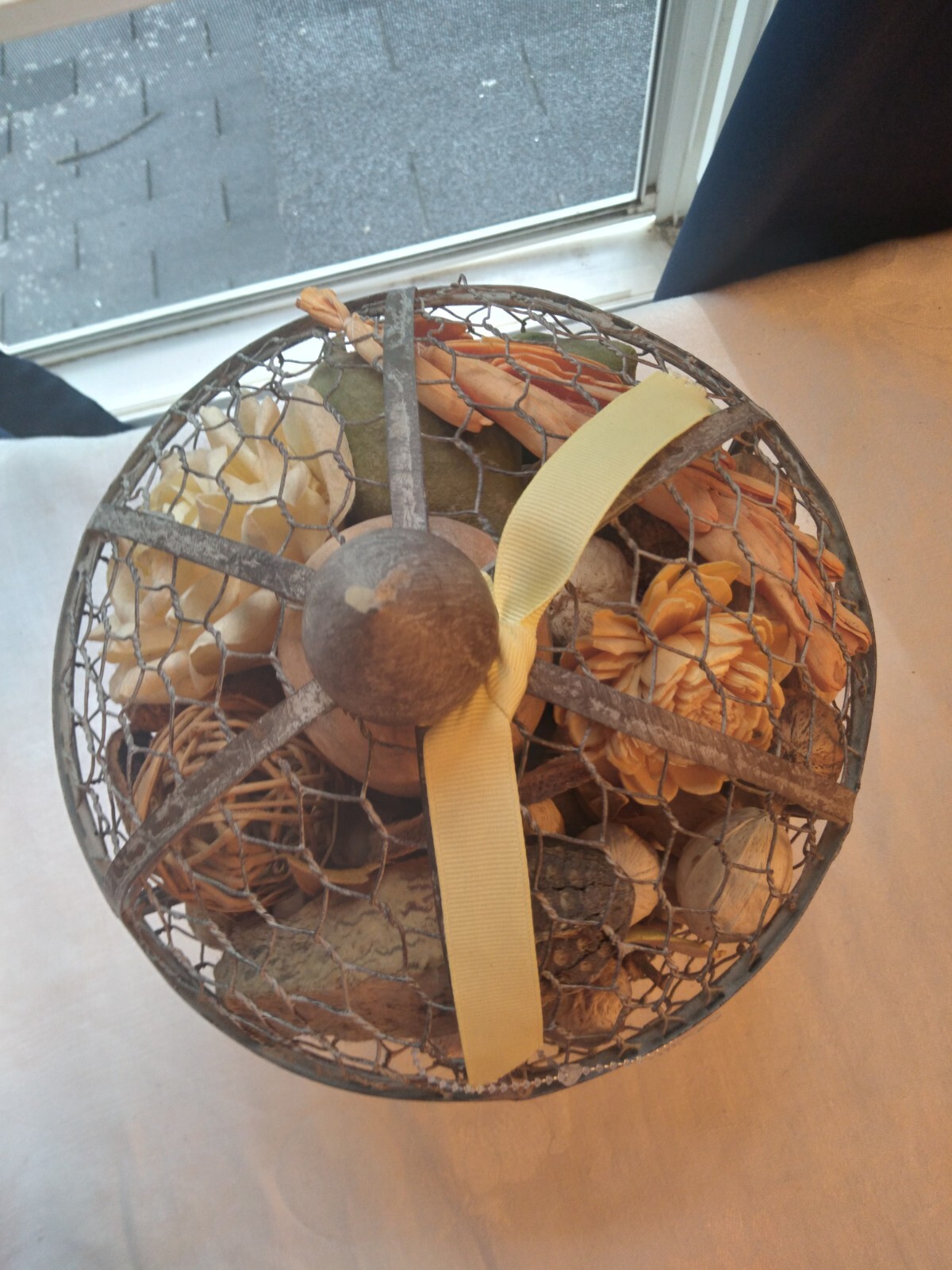 Bird Cage Filled With Gourds, Nuts, Pinecones, Dried Fruit, Twin Balls, Flowers
