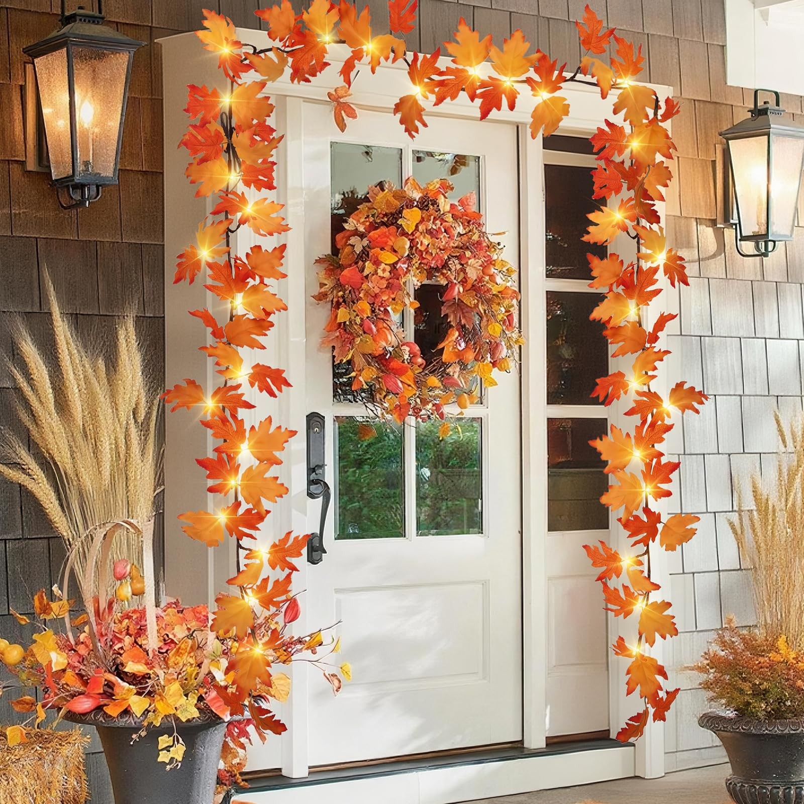 6FT Fall Maple Leaf Garland with 24 LED Lights Outdoor Fall Halloween Thanksg…