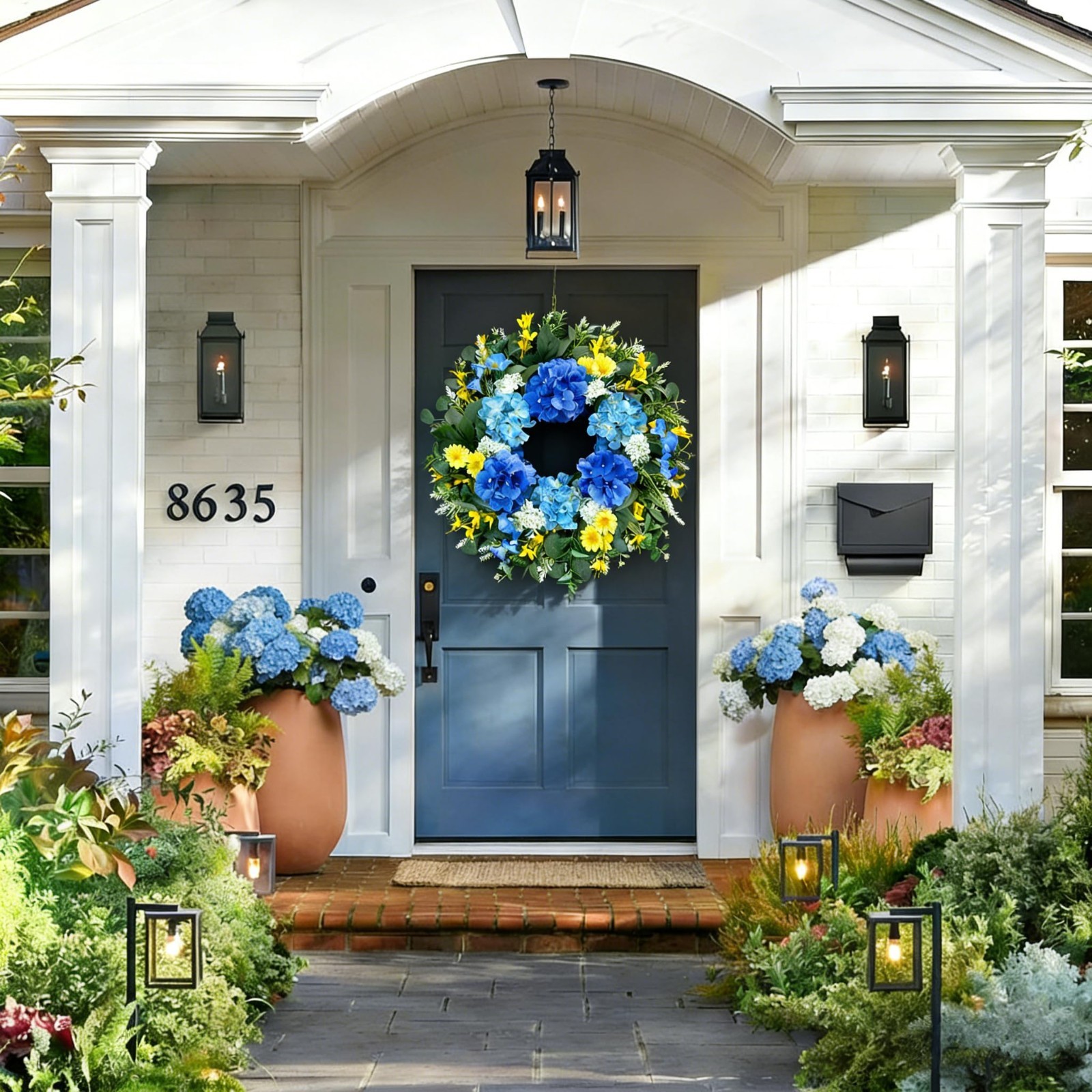Large 26″ Artificial Spring Wreath – Silk Hydrangea, Yellow Daisy & Eucalyptus –