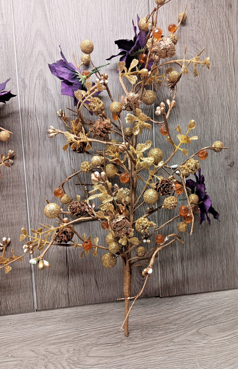Gold Glitter, Pine Cones, Berries, Beads, Wired 15″ Spray – Holiday-Craft 2Pc