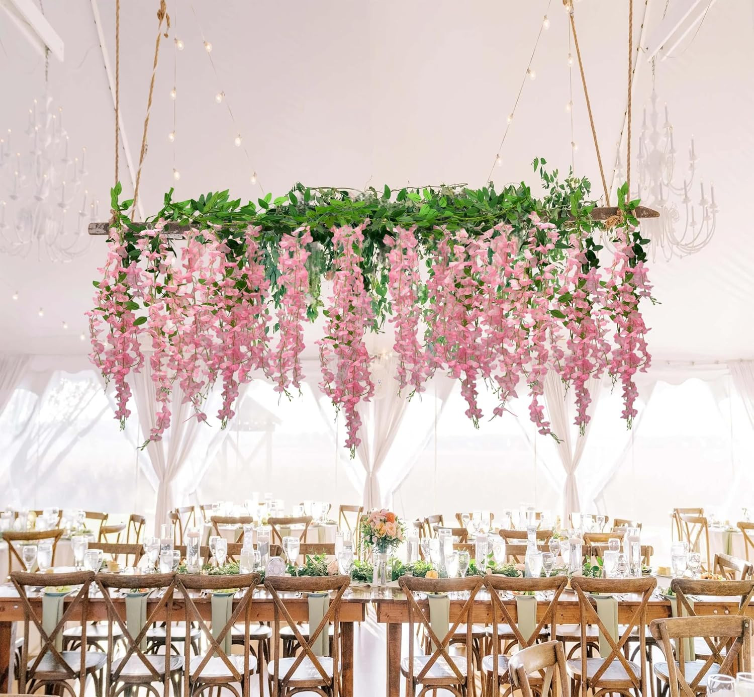 2 Pcs Wisteria Hanging Flowers Pink Artificial Wisteria Vines Hanging Flower Vin