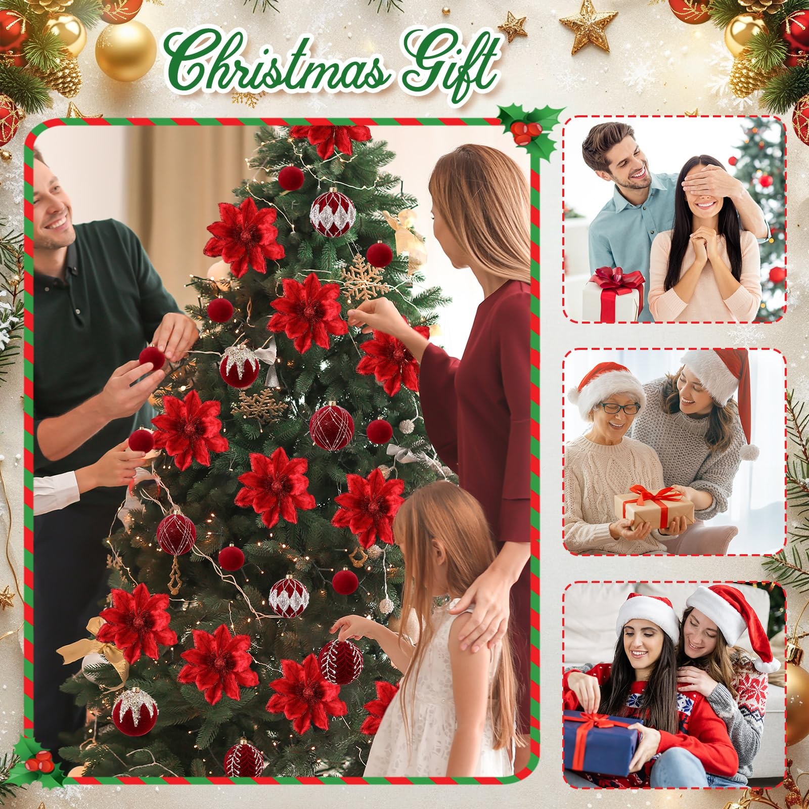 24 PCS Red Christmas 6.3 Inch Glitter Poinsettia Artificial Flowers Balls