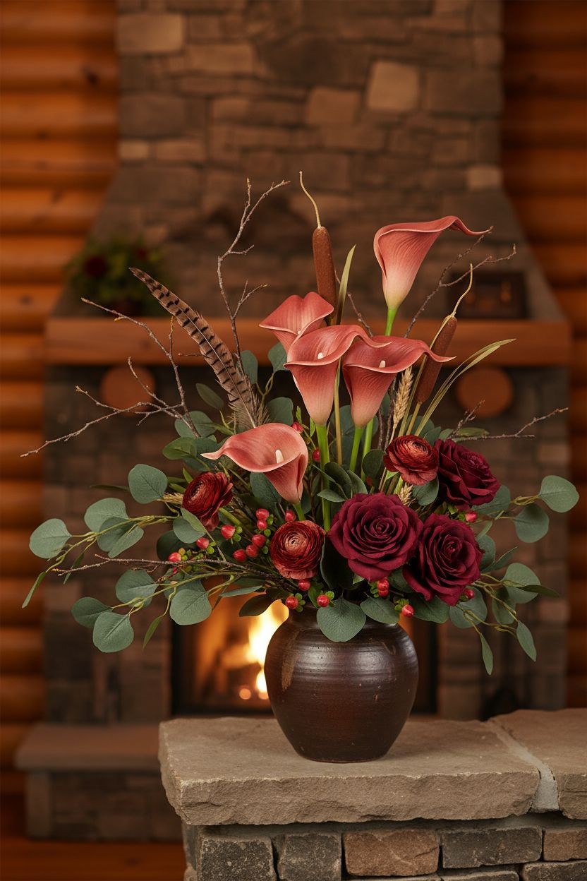 Terracotta Artificial Calla Lily Stems Set of 5 13 Inch Faux Flowers for Rustic