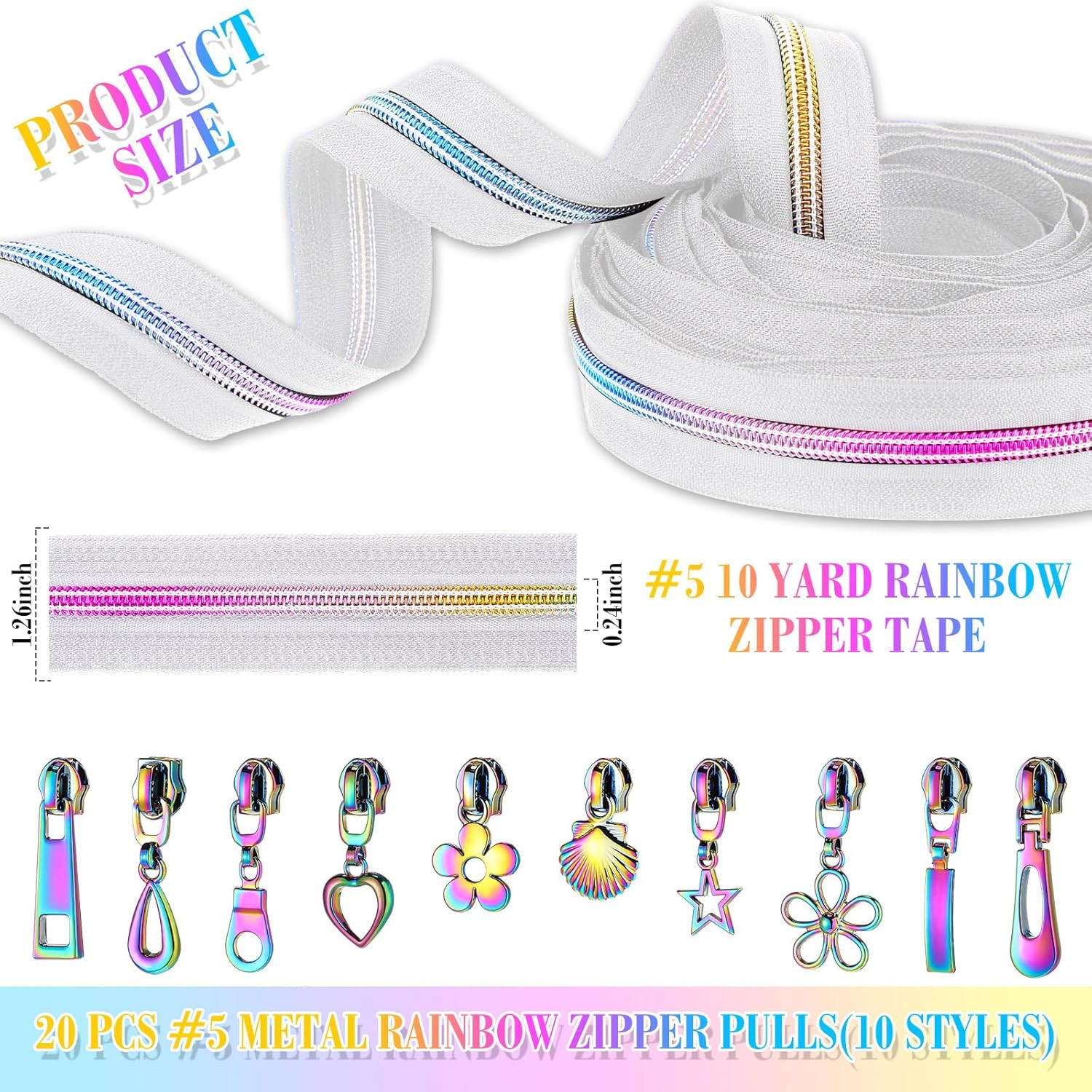 #5 Rainbow Zipper Tape by the Yard 10 Yards Rainbow Teeth Nylon Zipper with 20 P