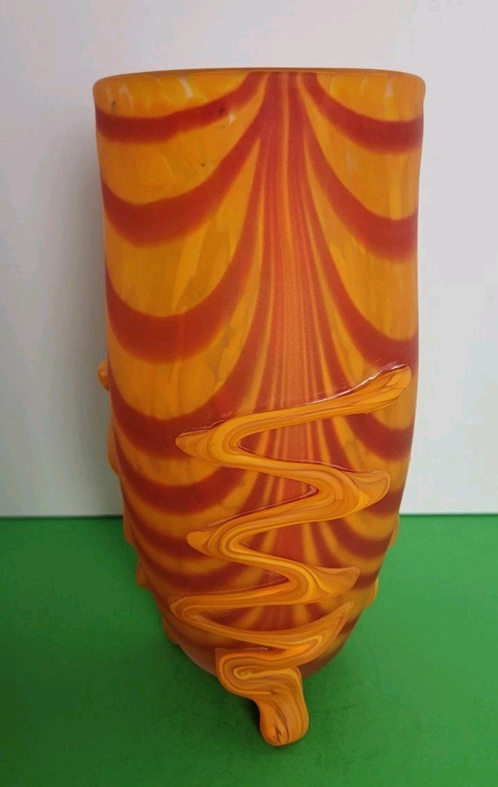 Art Glass 10.25″ x 4.5″ Vase – Orange & Red Swirled Vase With Three Feet