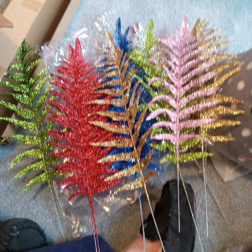 12 Pcs Ass Artificial Glitter Leaves 16″ Glittered Pink Green Blue Red Gold Sil