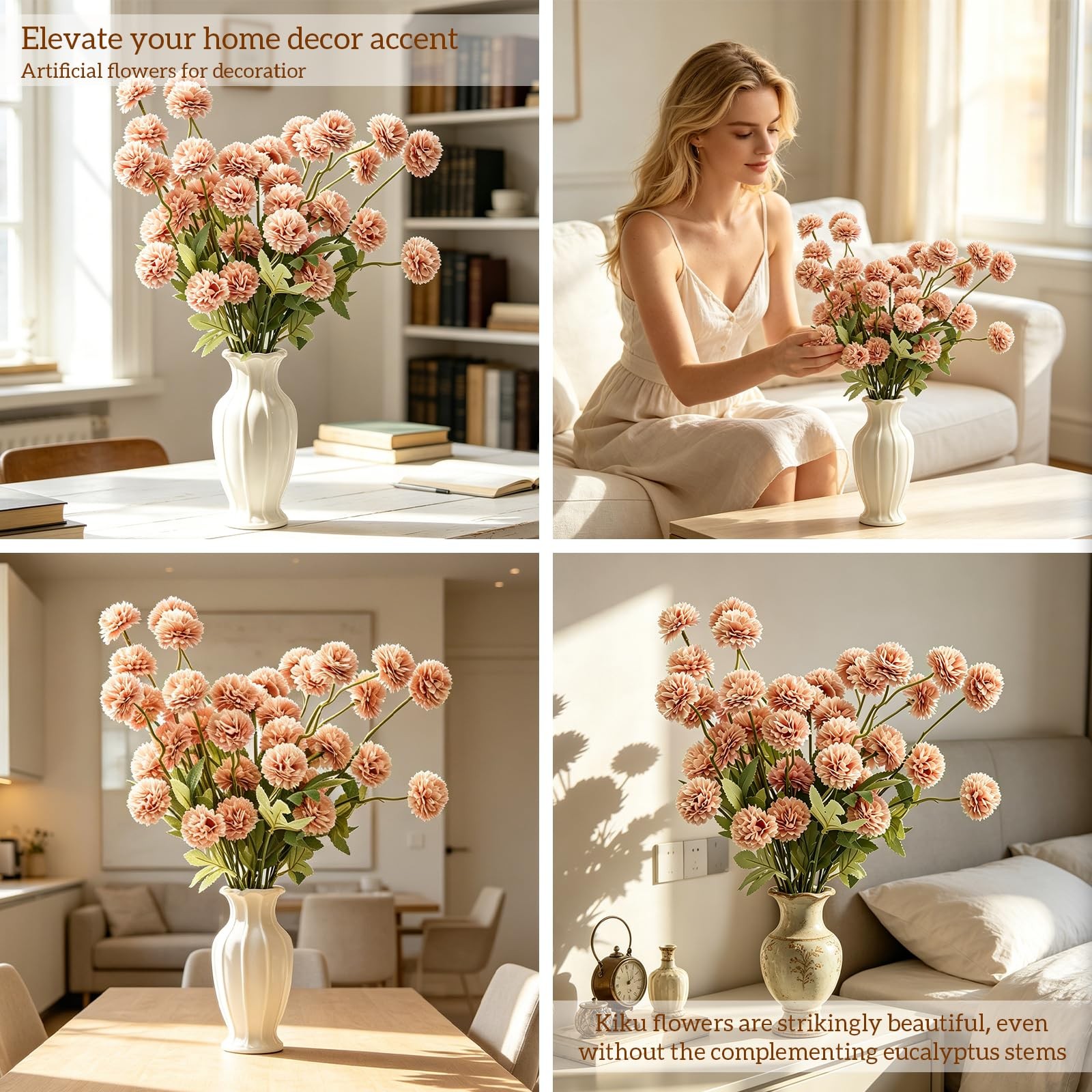 8pcs Blush Pink Fake Silk Pompon Mum Artificial Flowers,Mini Artificial Chrys…