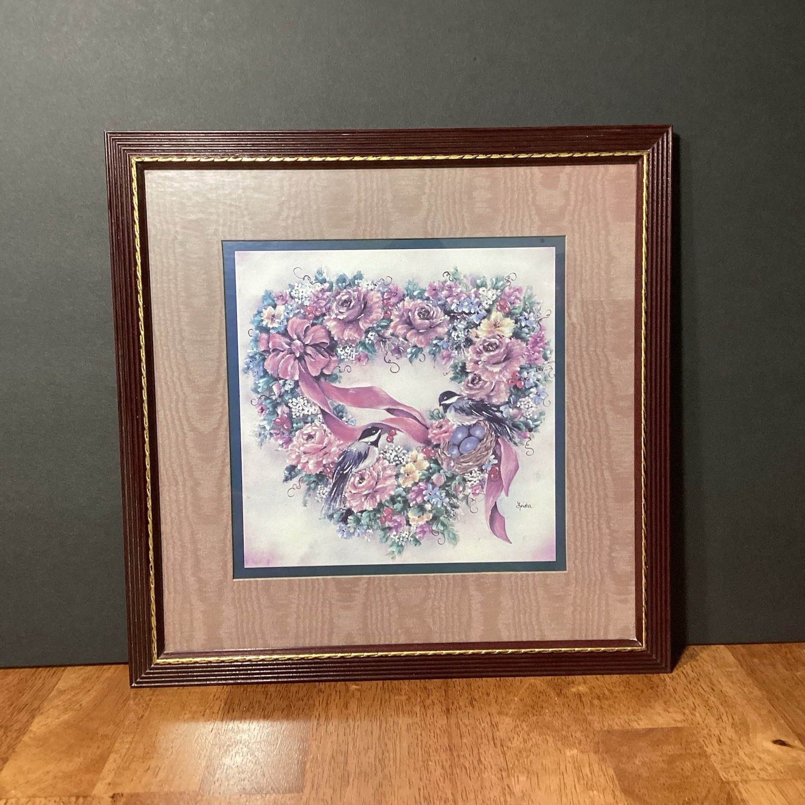 Home Interior Leisha Flower Heart Wreath Birds Nest Picture 13″x13″ cottagecore