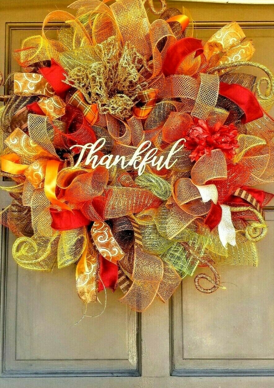 Large 24″ Handmade Fall Autumn Welcome Wreath Gold Deco Mesh Front Door Decor