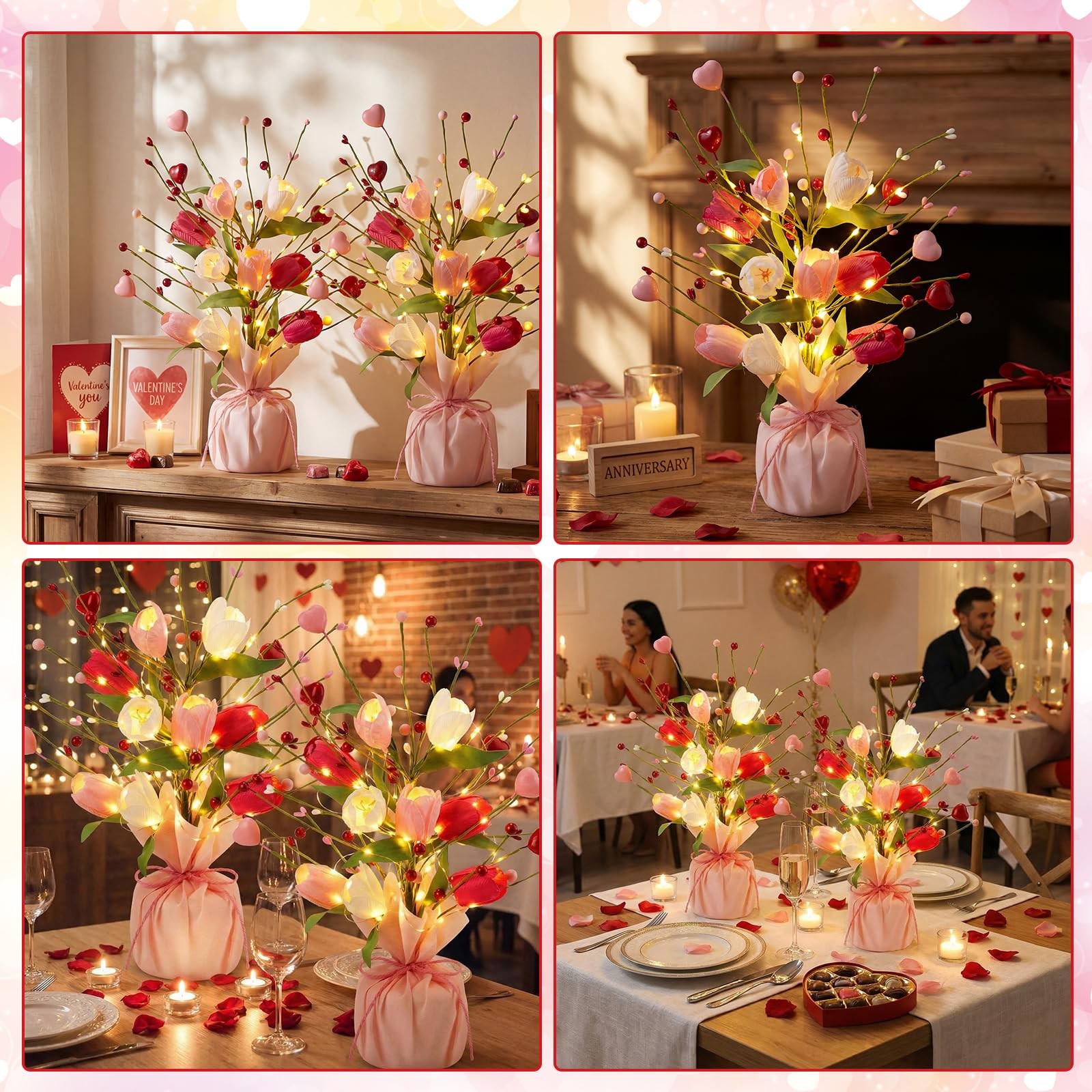 2 PCS 16 Inch Spring Artificial Tulip Table Tree Decoration Light Burlap Base
