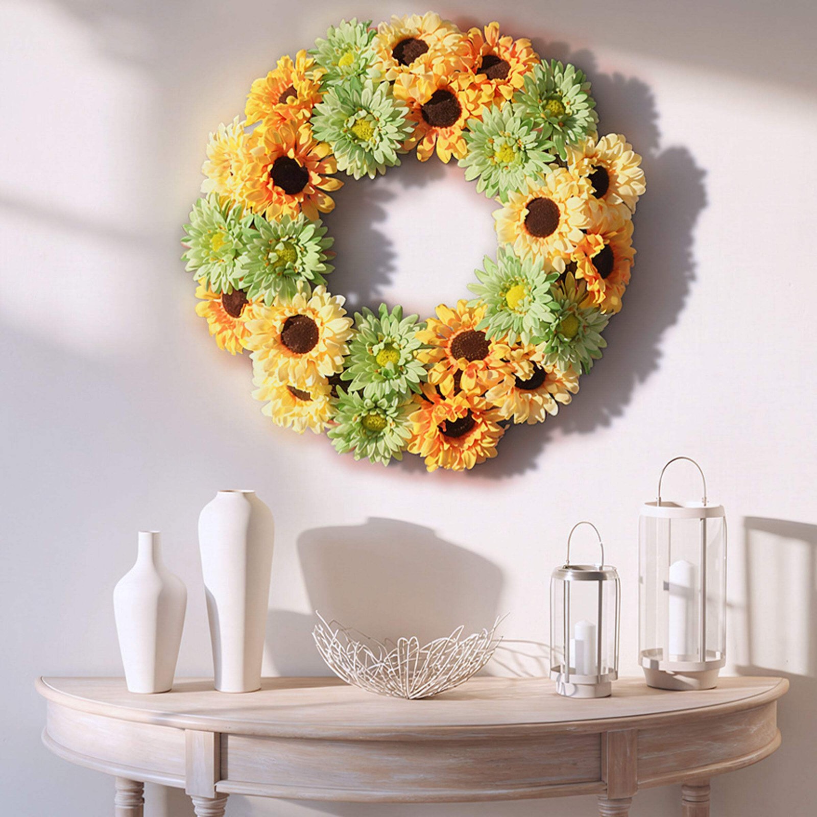 19 in. Spring Garden Accents Yellow Cosmos Wreath with Yellow and Green Sunflowe
