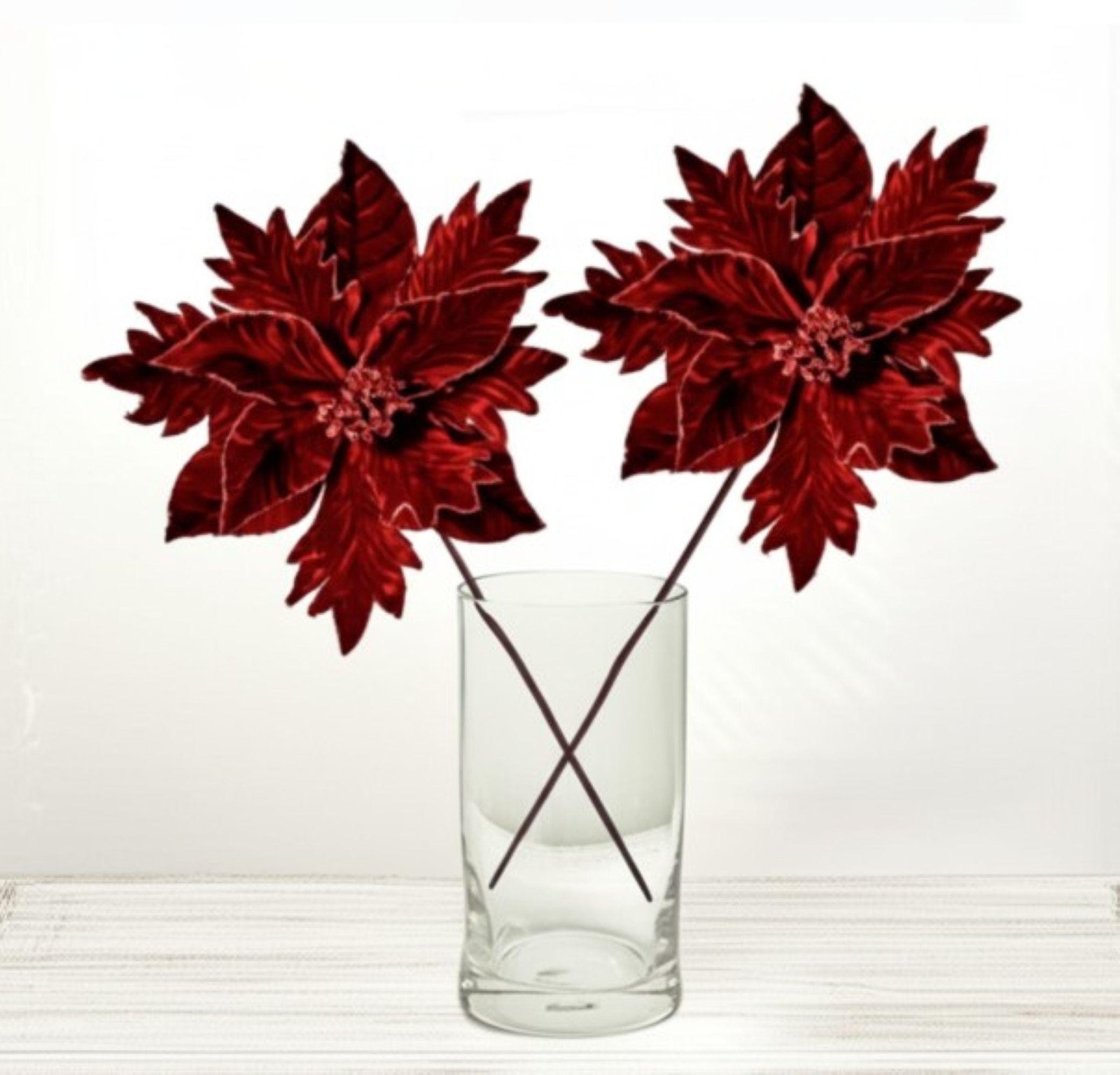 Burgundy Velvet and Glitter Poinsettia Flower Pick Stem Christmas Wreath Accent