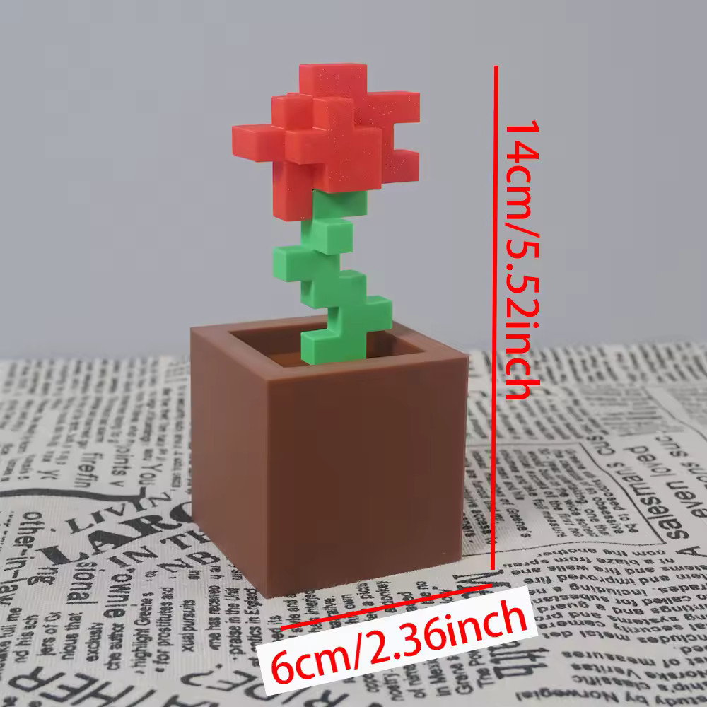 Pixel Rose Flower Ornament 3D Printed Unique Plastic Desktop Decoration Gift