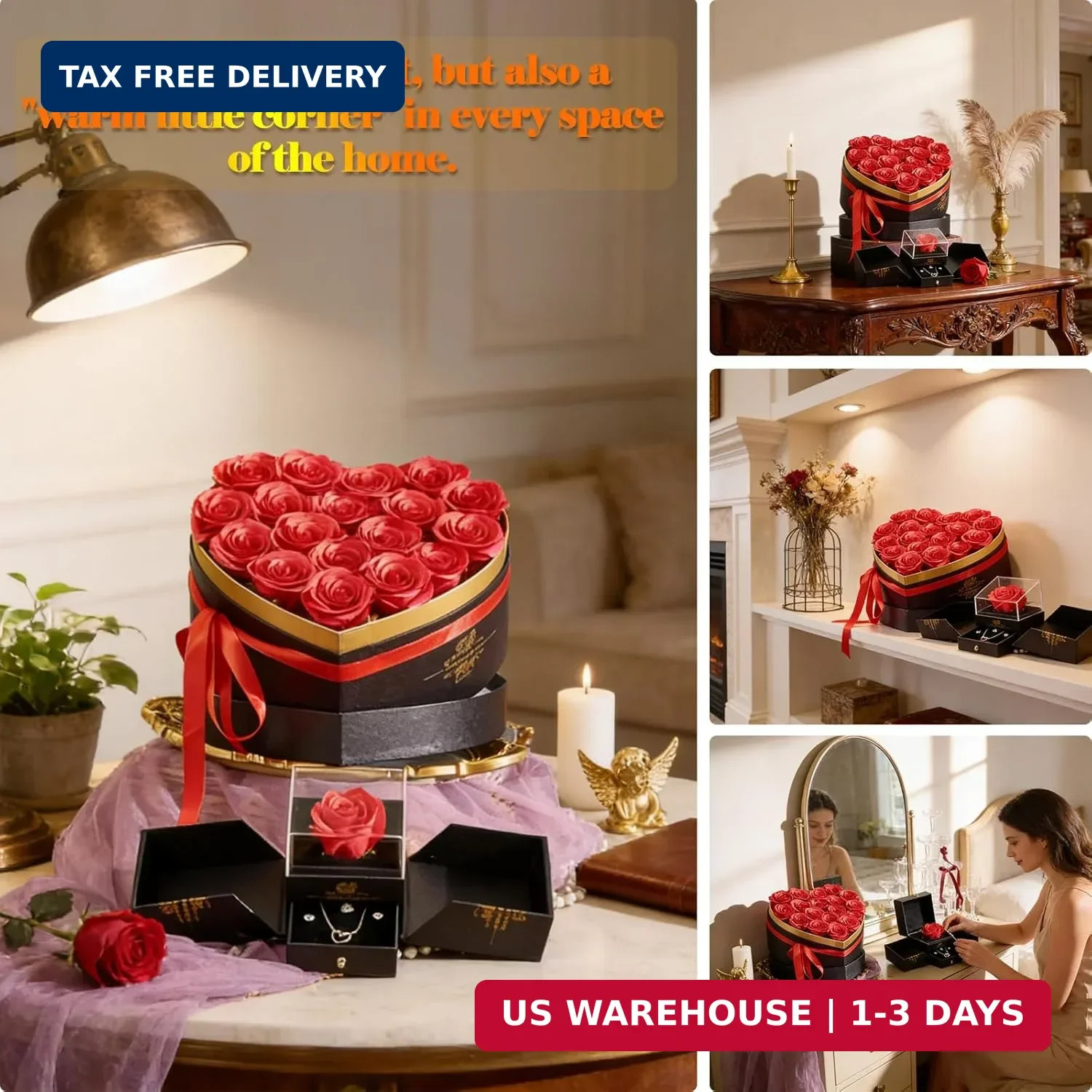 Artificial Forever Preserved Flowers Box & Preserved Roses with Necklace Ring Ea