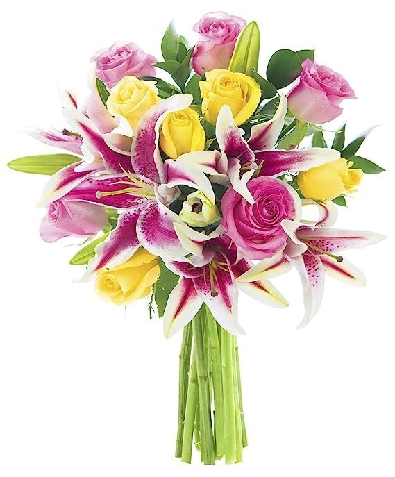Fresh Flower Bouquet: 5 Pink Roses, 5 Yellow Roses & 5 Stargazer Lilies – Perfec