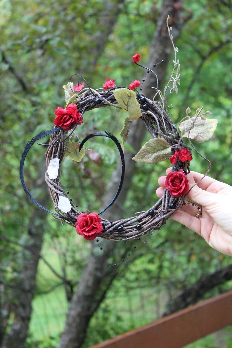 8 Inch Mini Wreath, Goth, Black and Red, Flowers, Roses, Feathers.