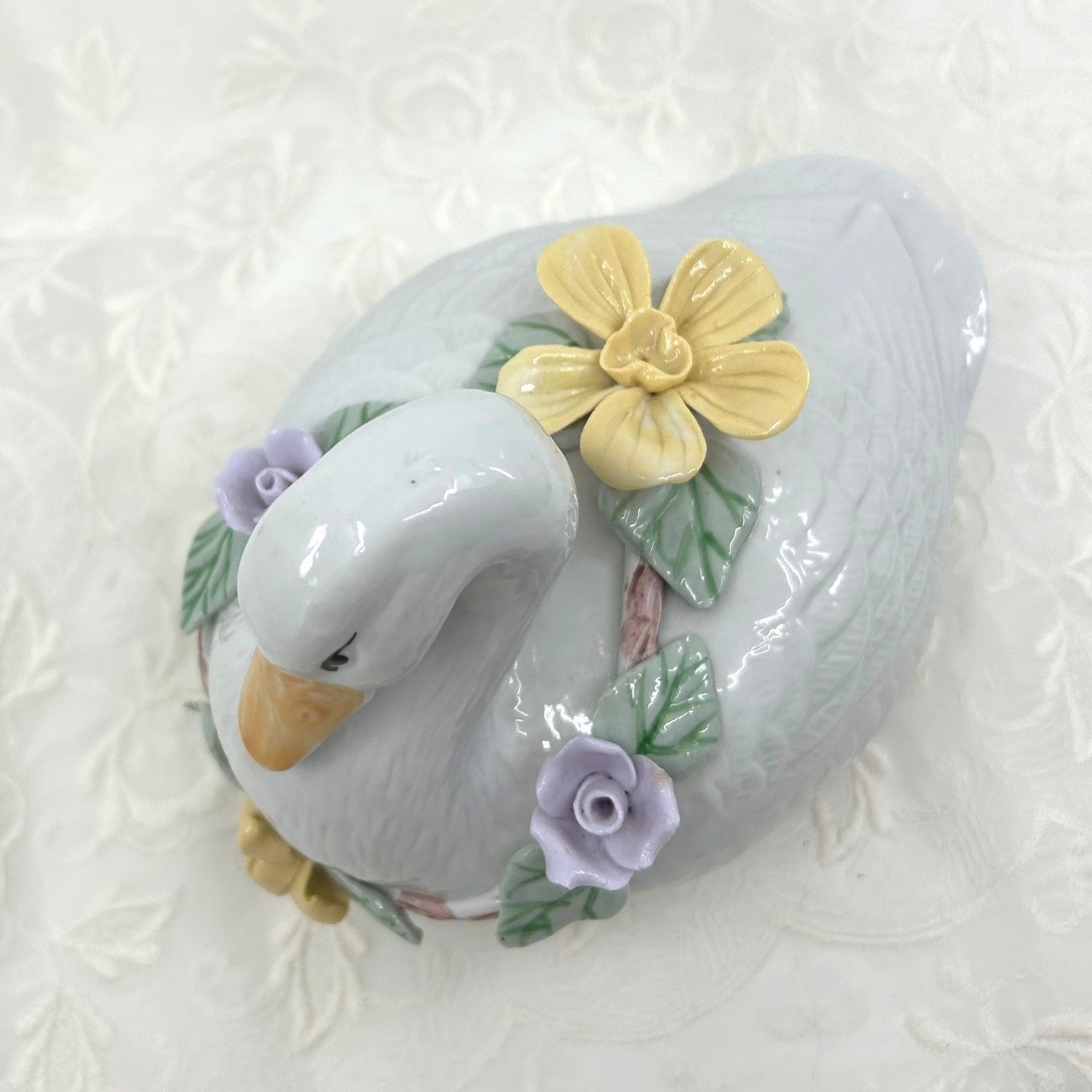 Vintage Swan Goose Figurine Floral Wreath Cottagecore Home Decor